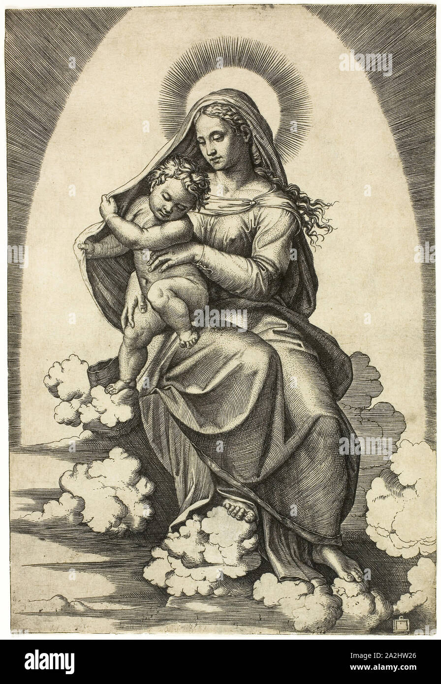 Jungfrau und Kind auf die Wolken, 1515/16, Marcantonio Raimondi (Italienisch, c. Sitzt 1480-1534), nach Raffaello Sanzio, namens Raphael (Italienisch, 1483-1520), Italien, Gravur gedruckt in schwarz an den cremefarbenen Papier, 246 x 167 mm (Platte/Blatt festgelegt Stockfoto