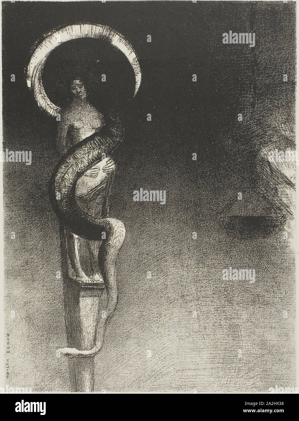 Serpent-Halo 1890, Odilon Redon, Französisch, 1840-1916, Frankreich, Lithographie in Schwarz auf Elfenbein China Papier legte sich auf Elfenbein webte Papier, 302 × 222 mm (Bild/chine), 542 × 402 mm (Blatt Stockfoto