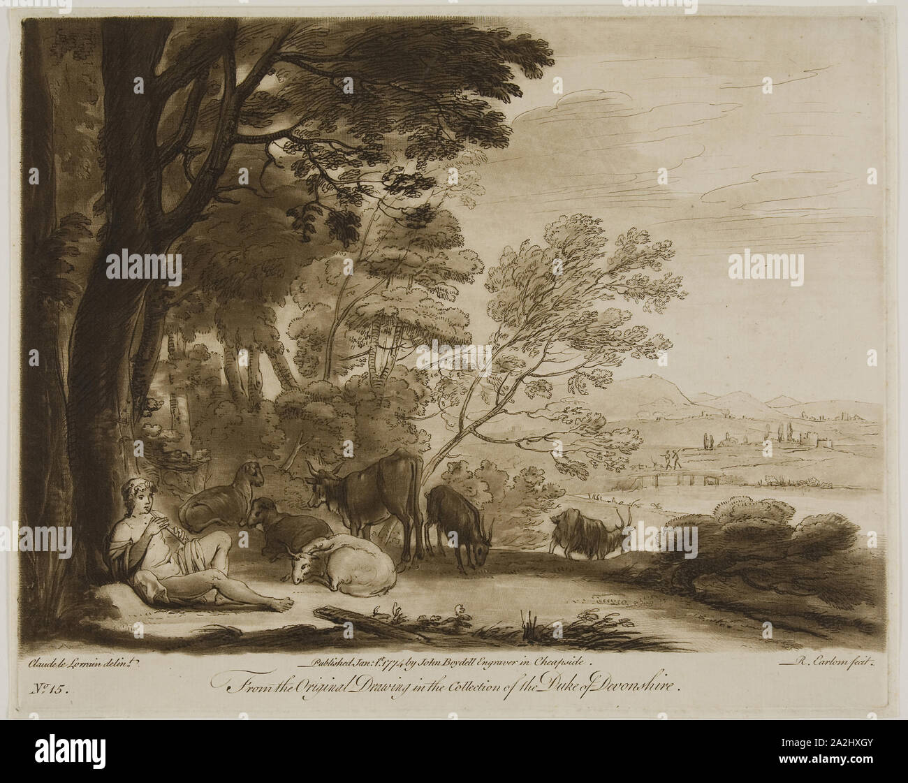 Hirte Spielen der Querflöte, 1774, Richard Earlom (British, 1743-1822), der nach Claude Lorrain (Französisch, 1600-1682), England, Schabkunst in Braun auf Creme Bütten, 191 × 258 mm (Bild), 207 x 259 mm (Platte), 213 × 265 mm (Blatt Stockfoto