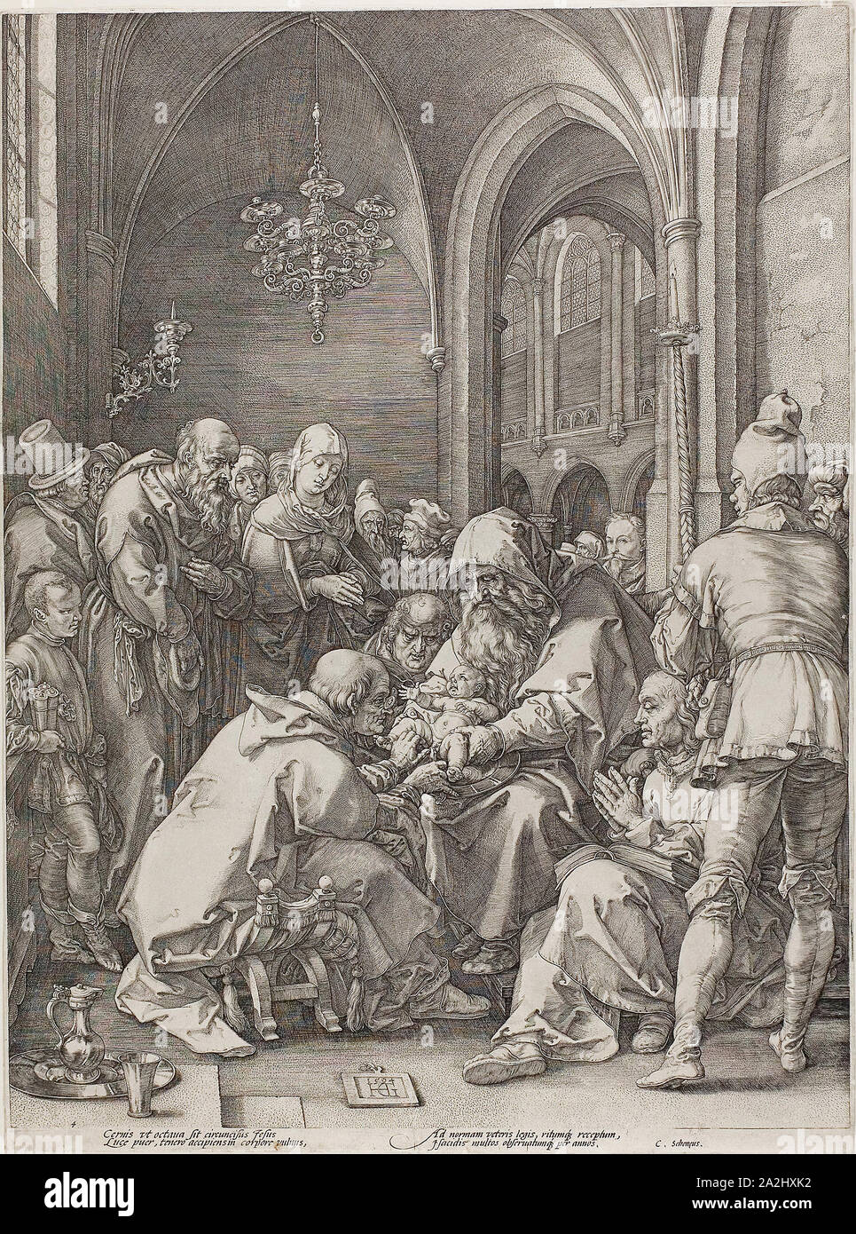 Die Beschneidung, Platte vier von der Geburt und der frühen Leben Christi, 1594, Hendrick Goltzius (Niederländisch, 1558-1617), Text von Cornelius Schonaeus, Niederlande, Gravur auf Abgeschrieben - weißes Papier, 464 mm x 353 mm (Bild), 480 x 354 mm (Platte/Blatt Stockfoto