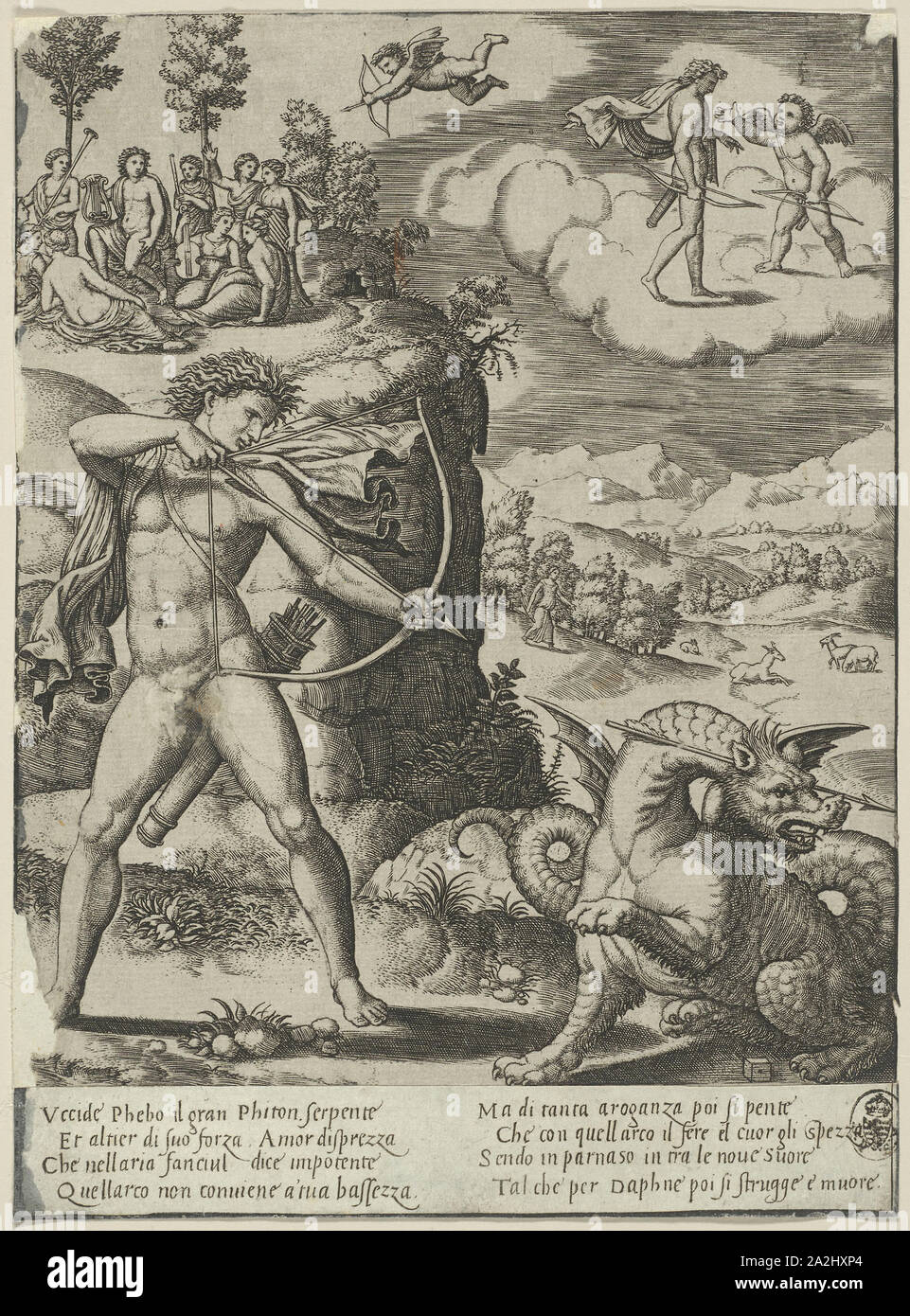 Apollo Slaying Python, Plate One aus der Geschichte von Apollo und Daphne, C. 1532, Meister der Sterben (Italienisch, Aktive c. 1530-1560), nach Baldassare Peruzzi (Italienisch, 1481-1536), Italien, Gravur in Schwarz auf Elfenbein Bütten, 218 x 176 mm (Platte), 26 x 176 mm (Text), 240 x 176 mm (Blatt Stockfoto
