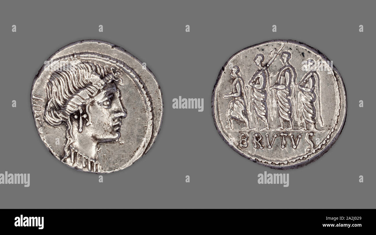 Denar (Münze), Liberty, 54 v. Chr., die Römische Republik, M. Junius Brutus (moneyer), Römische, in Rom, Römische Reich, Silber, Durchm geprägt. 2 cm, 4.12 g Stockfoto