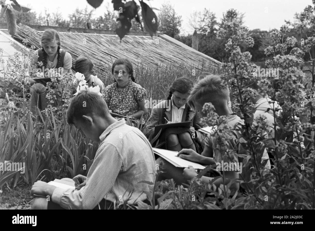 Unterricht im Freien an der von Adolf Reichwein geleiteten Landschule in Tiefensee, Deutschland 1930er Jahre. Outdoor Kategorien in der ländlichen Schule in Tiefensee von Adolf Reichwein, Deutschland 1930. Stockfoto