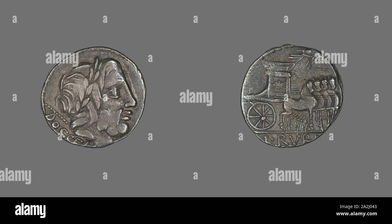 Denar (Münze), der Gott Jupiter, ca. 87 v. Chr., Römische, Römisches Reich, Silber, Durchm. 1,8 cm, 3,54 g Stockfoto
