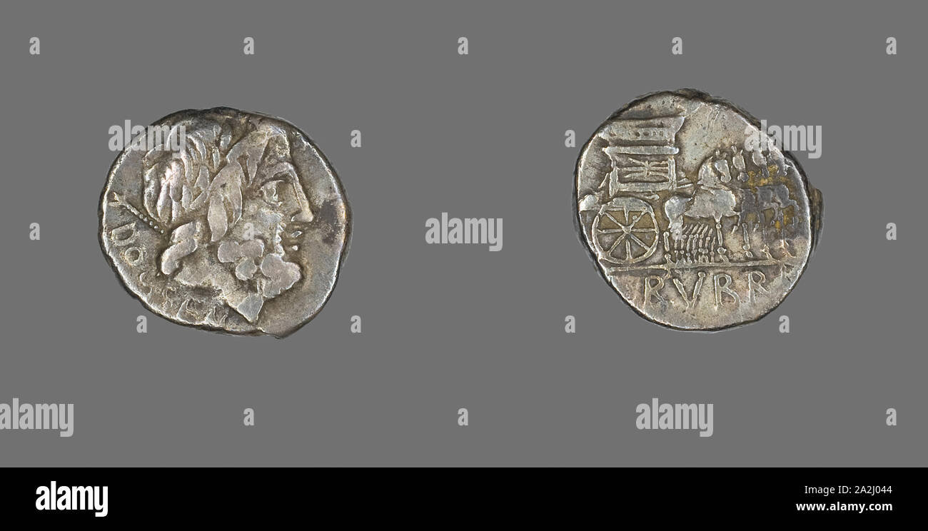Denar (Münze), der Gott Jupiter, ca. 87 v. Chr., Römische, Römisches Reich, Silber, Durchm. 1,8 cm, 3,66 g Stockfoto