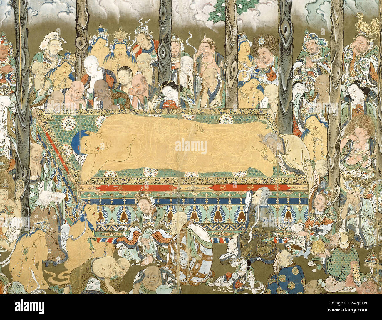 Nehan: Tod des Buddha, Ende 17./Anfang des 18. Jahrhunderts, Japanisch, Japan, Hängerolle, Tusche, Farben und Gold auf Seide, 331.5 x 229 cm (80 1/2 x 90 1/8 in. Stockfoto