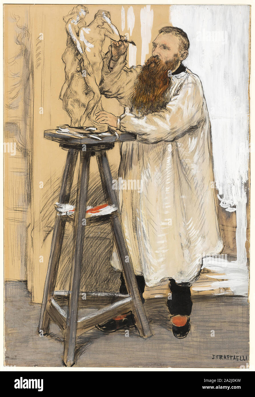 Porträt des Bildhauers Auguste Rodin in seinem Studio, C. 1889, Jean François Raffaëlli, Französisch, 1850-1924, Frankreich, opak Aquarell über Schwarze Kreide, mit Holzkohle, Pinsel und schwarzer Tinte, und berührt von Durchscheinenden Aquarell auf tan-board, 582 x 395 mm Stockfoto