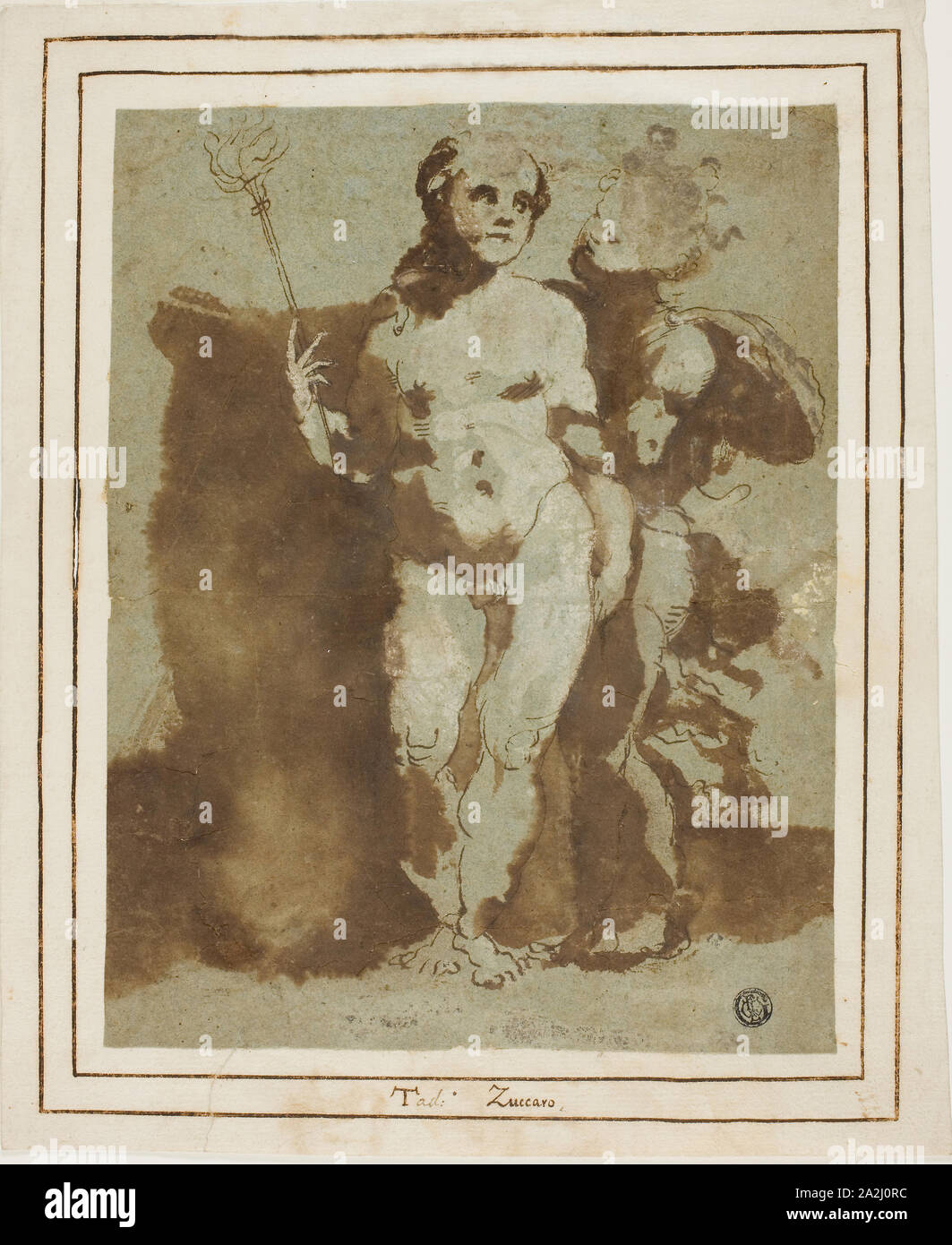 Kind Pagan Paar, C. 1546, Kreis von Domenico Beccafumi, genannt il Mecarino (Italienisch, 1484-1551) oder Marco Pino (Italienisch, C. 1525-1587/88), oder Taddeo Zuccaro (Italienisch, 1529-1566), Italien, Pen und Braun mit Pinsel und Farbe braun waschen, mit Bleiweiß (teilweise oxidiert), blau-grau Bütten erhöhte, festgelegt auf Elfenbein Bütten, 247 x 192 mm (max. Stockfoto