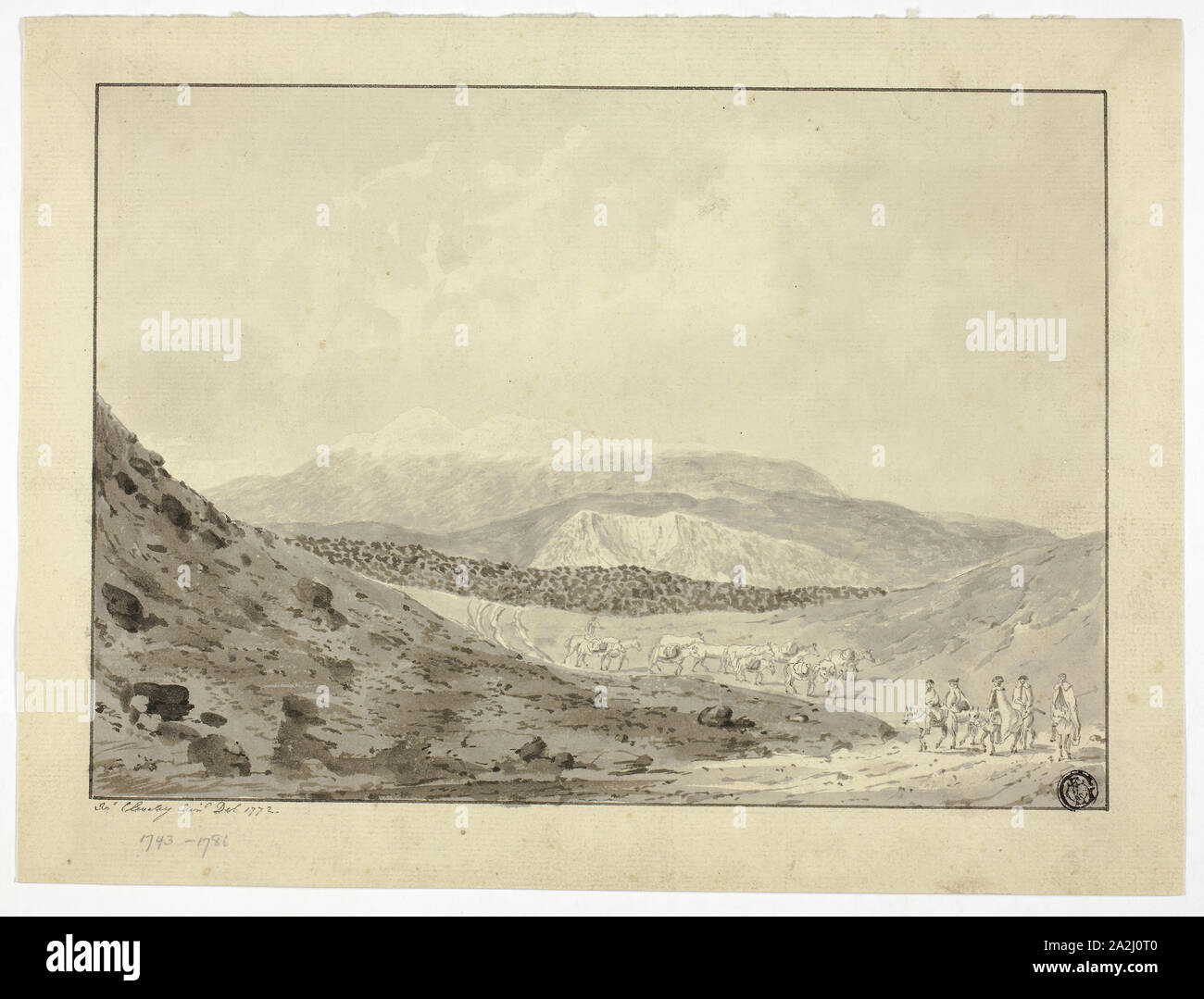 Expedition in der isländischen Landschaft, 1772, John Clevely, II, Englisch, 1747-1786, England, Pinsel in Grau waschen, mit Feder und schwarzer Tinte, auf Creme Bütten, 219 × 293 mm. Stockfoto