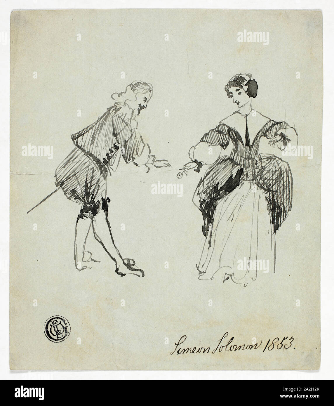 Cavalier und Lady, 1853, Simeon Solomon, Englisch, 1840-1905, England, Feder und Tinte schwarz auf Hellgrau webte Papier, 138 × 120 mm. Stockfoto