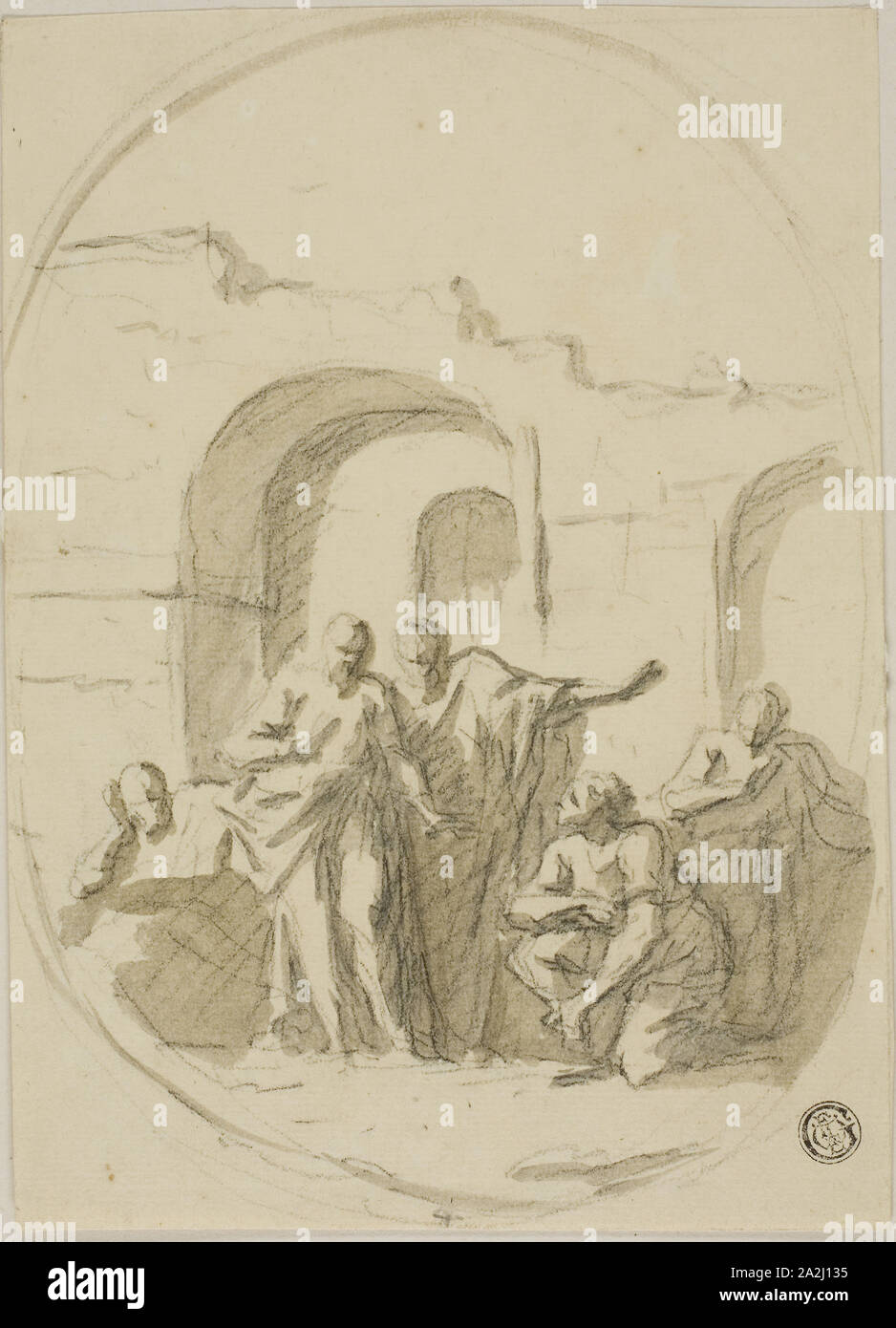 Paulus und Barnabas in Lystra, C. 1714, James Thornhill, Englisch, 1675-1734, England, Schwarze Kreide mit Pinsel und Braun waschen, cremefarbenen Papier, Trinkgeld auf Karte, 200 x 143 mm Stockfoto