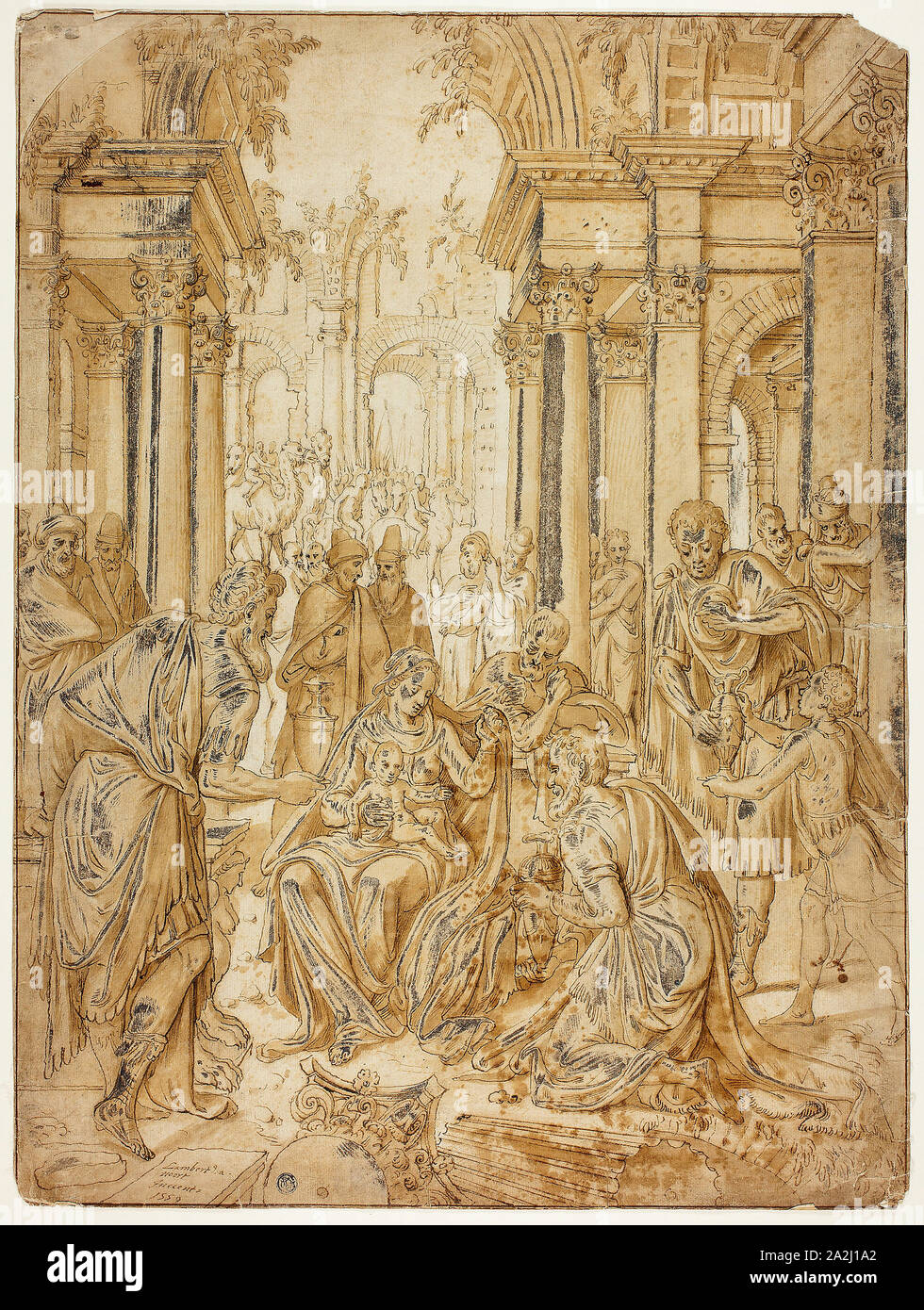 Anbetung der Heiligen Drei Könige, 1559, Lambert van Noort, Niederländischen, 1520-1571, Niederlande, Feder und Tinte, braun mit Pinsel und Braun waschen, erhöhte mit Bleiweiß (verfärbt), über Spuren der schwarze Kreide auf festem Bütten, 578 x 435 mm Stockfoto