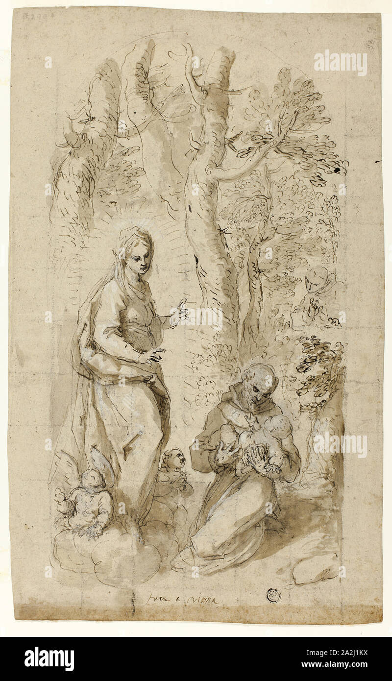 Vision des hl. Franziskus von Assisi (recto), Hieronymus, die Vision des Heiligen Franziskus, und zwei kleine Skizzen von Str. Francis Holding das Christkind (verso), C. 1618, Jacopo Negretti, genannt Palma il Giovane, Italienisch, C. 1548-1628, Italien, Pen und Braun mit Pinsel und Farbe braun waschen, mit Blei weiß, über Schwarze Kreide verstärkt, auf tan-Bütten, in schwarzer Kreide im Quadrat (recto) und Stift und brauner Tinte über schwarze Kreide auf tan Bütten (verso), 409 x 250 mm (max. Stockfoto