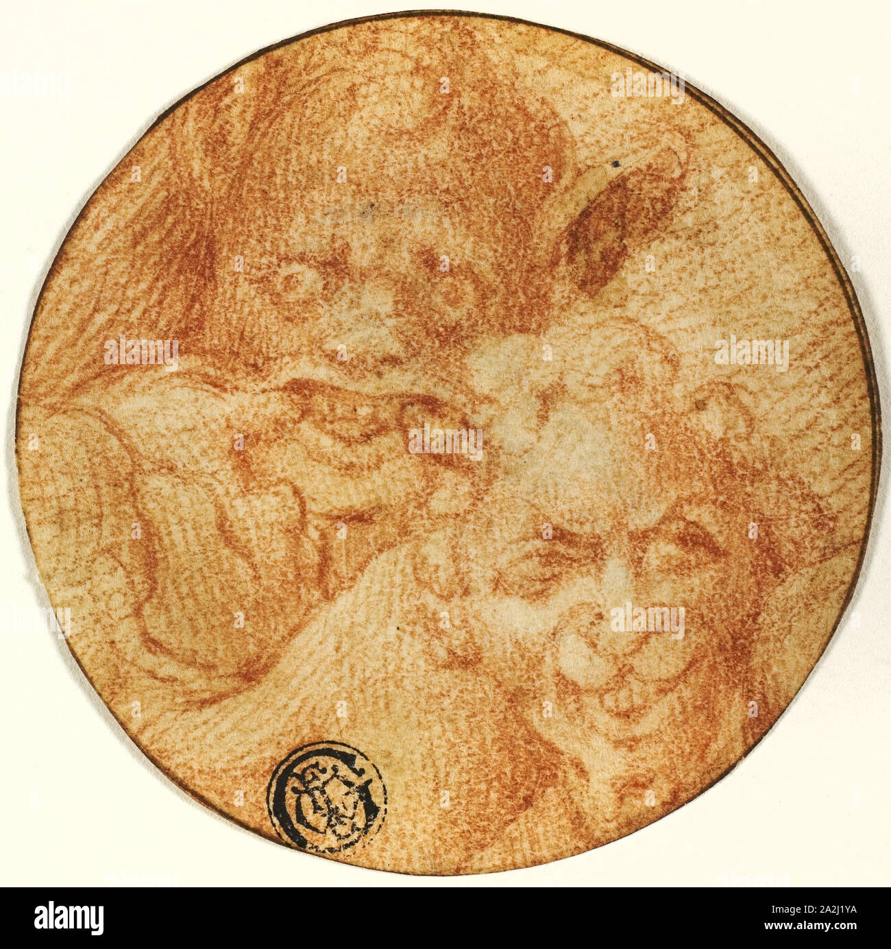 Zwei Teufel, Ende 16. Jahrhundert, nach Michelangelo Buonarroti, Italienisch, 1475-1564, Italien, Rote Kreide auf Elfenbein Papier, Kreis ausschneiden, 74 x 74 mm (max. Stockfoto