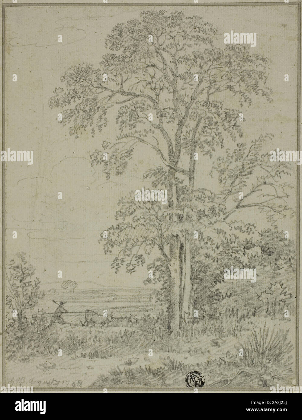 Landschaft mit Baum, Mann, und Kühe, 7. August 1765, von Sir George Howland Beaumont, Englisch, 1753-1827, England, Graphit zurückzuführen auf Elfenbein Bütten, festgelegt auf Elfenbein verlegt Karte, 200 x 153 mm Stockfoto