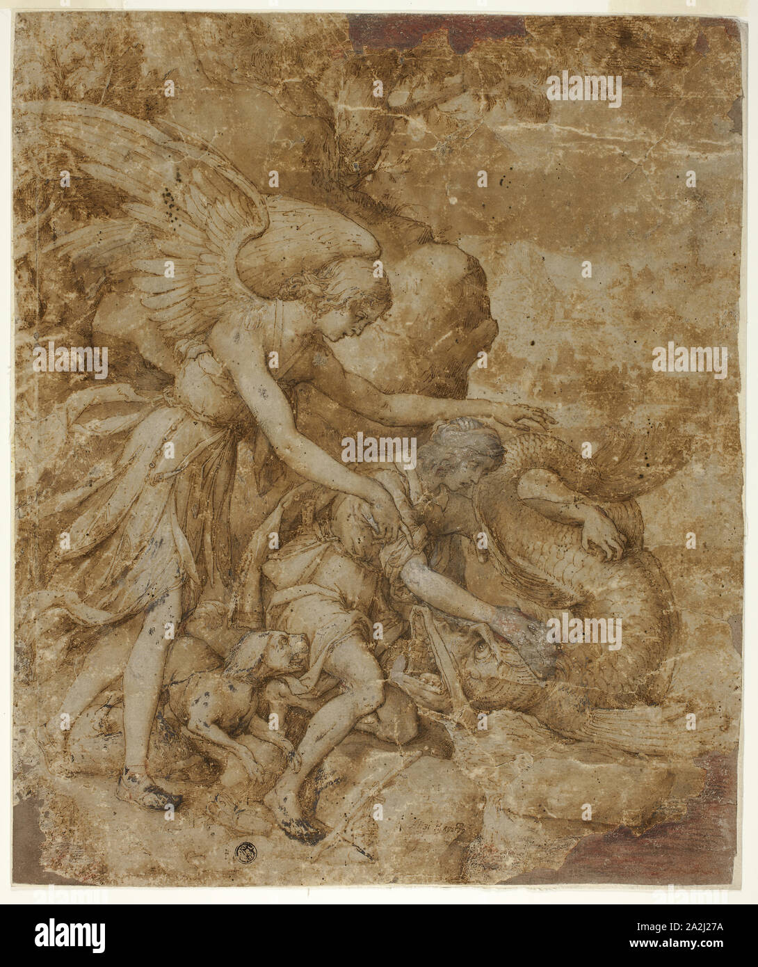 Tobias und der Engel Raphael, C. 1605, Jacopo Ligozzi, Italienisch,  1547-1627, Italien, Pen und Braun mit Pinsel und Farbe braun waschen, mit  Blei weiß (oxidiert), über Schwarze Kreide verstärkt, mit grauen overpaint,  (