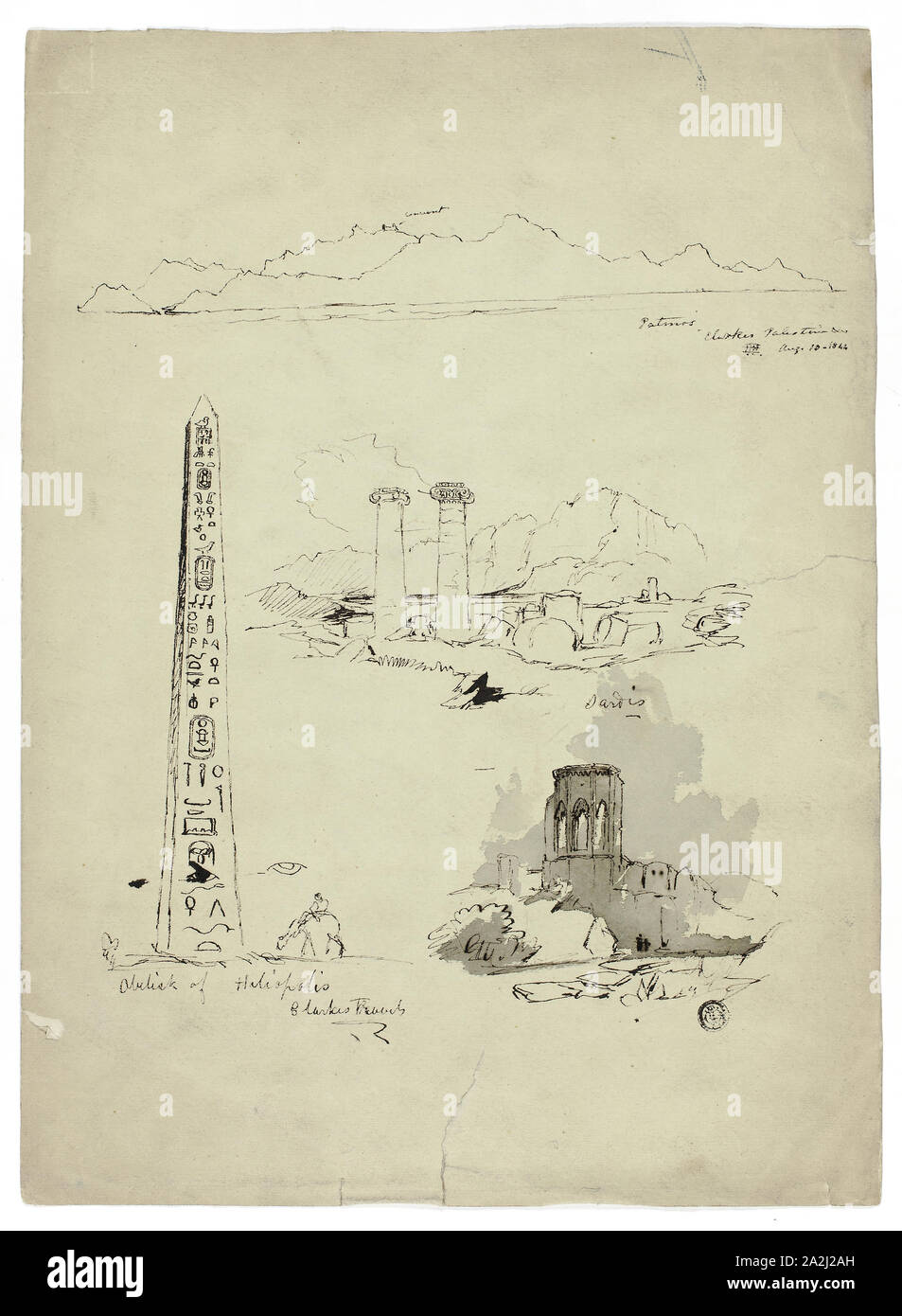 Skizzen von Patmos, Sardes, Obelisk von Heliopolis, n.d., unbekannter Künstler, eventuell Britischen, 19. Jahrhundert, Vereinigtes Königreich, Pen und Schwarz, mit Pinsel in Grau waschen, grüne webte Papier, 380 × 278 mm. Stockfoto