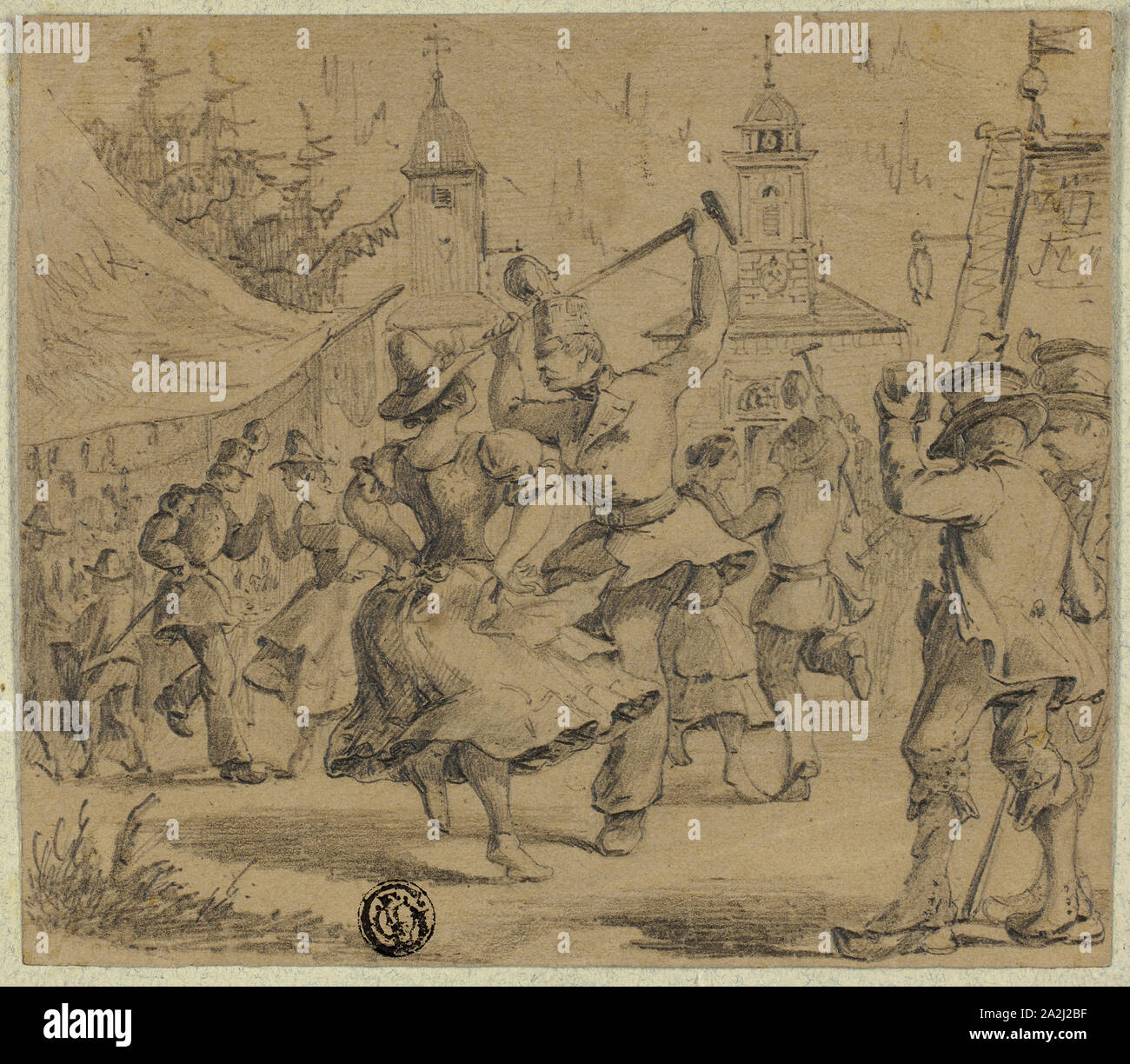 Frauen und Soldaten Tanzen in Dorfplatz, n.d., unbekannter Künstler, vielleicht Deutsch, 19. Jahrhundert, Deutschland, Graphit auf Papier, gespitzt Tan wob auf Hellgrün webte Papier mit blauen Fasern, 126 × 144 mm. Stockfoto