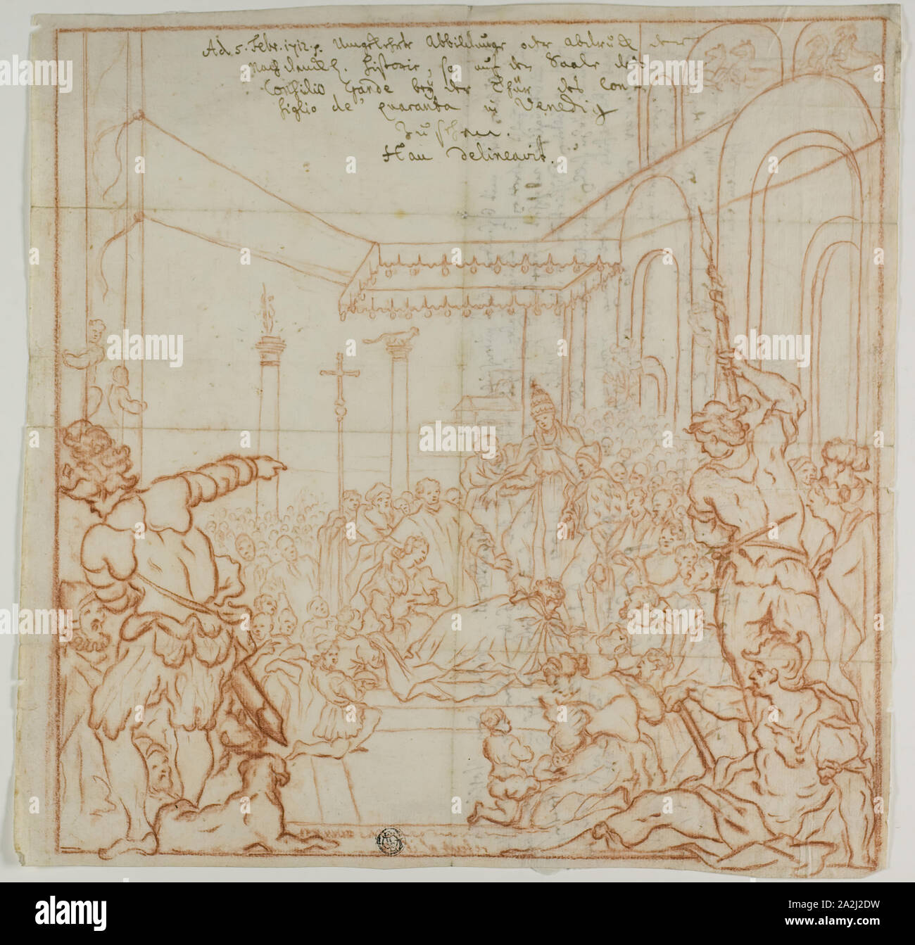 Einreichung des Kaiser Friedrich Barbarossa an Papst Alexander III., 1712, Hieronymus Hau (Deutschland, geb. 1679), nach Federico Zuccaro (Italienisch, 1540/41-1609), Italien, Rote Kreide auf Elfenbein Bütten, 296 × 295 mm (max. Stockfoto