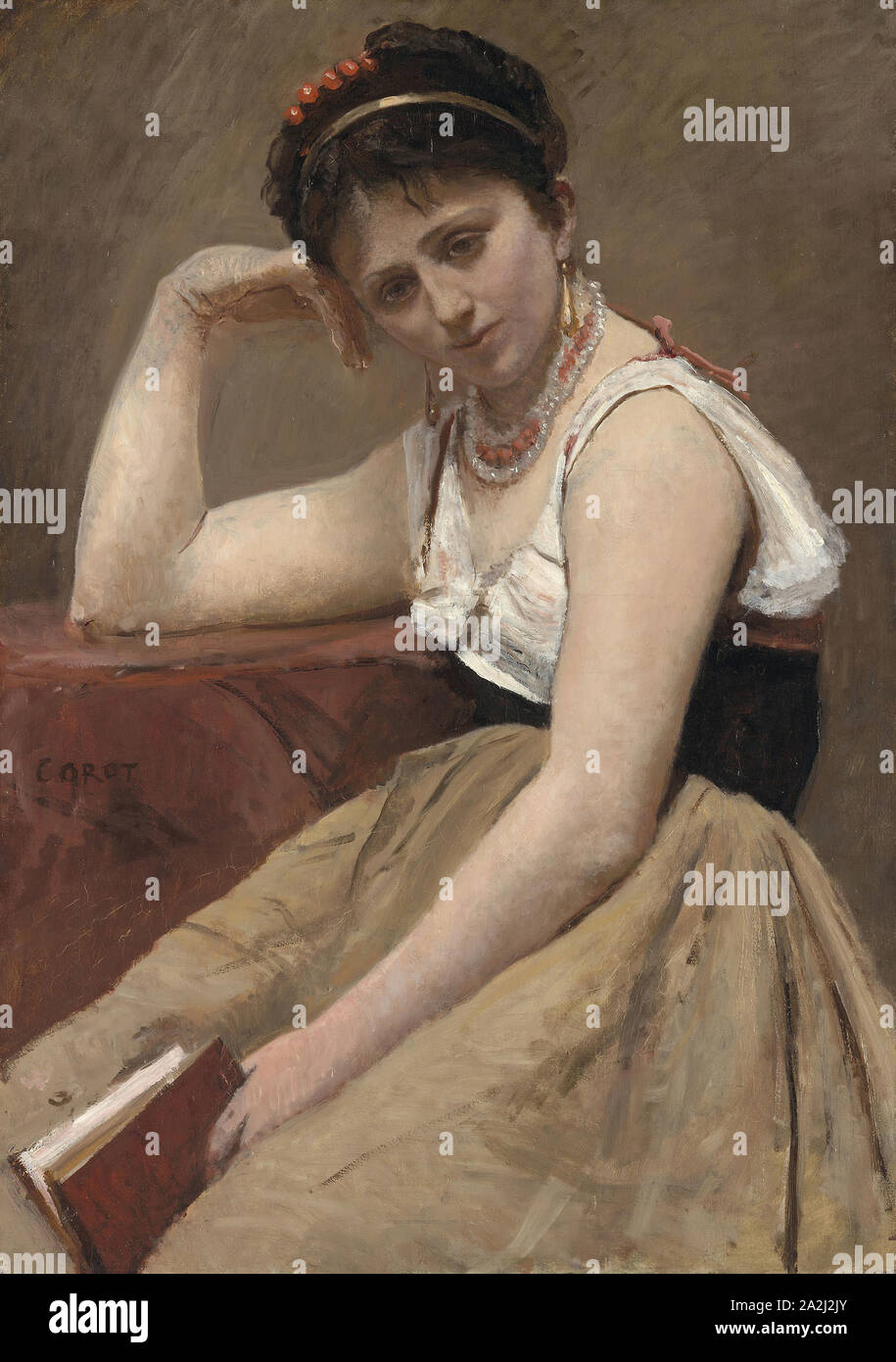 Unterbrochen Lesen, C. 1870, Jean-Baptiste-Camille Corot, Französisch, Frankreich, 1796-1875 Öl auf Leinwand auf der Platine montiert, 36 5/16 x 25 5/8 in. (92,5 × 65,1 cm Stockfoto