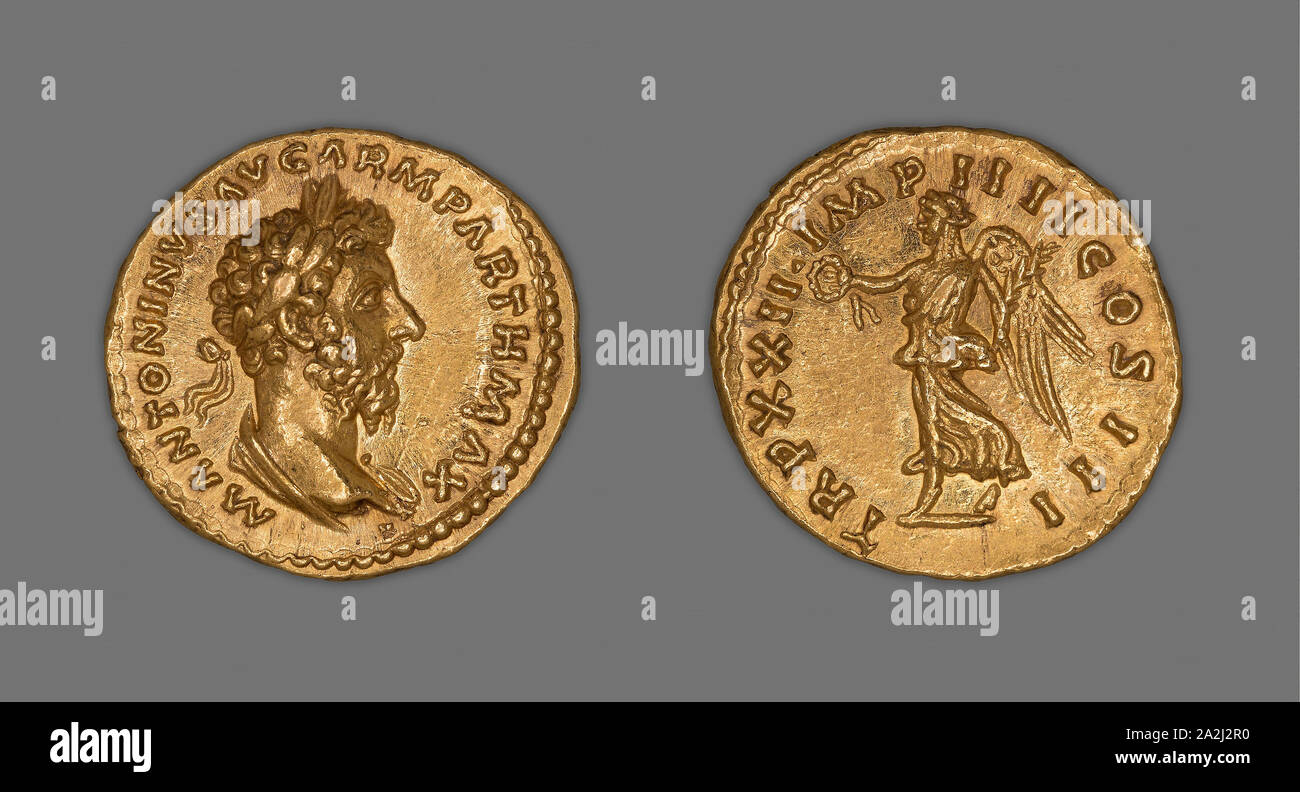 Aureus (Münze) Darstellung von Kaiser Marcus Aurelius, 167 (Dezember)/168 (Dezember), von Marcus Aurelius und Lucius Verus, Römische, in Rom, Italien, Gold, Diam geprägt. 2 cm, 7,26 g Stockfoto