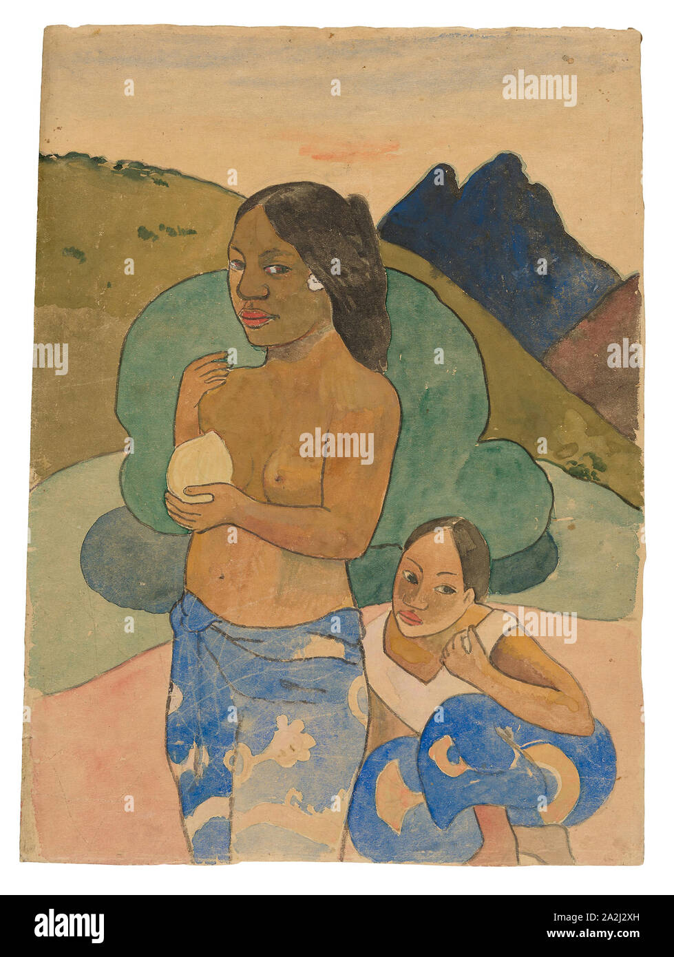 Zwei tahitische Frauen in einer Landschaft, C. 1892, Paul Gauguin, Französisch, 1848-1903, Frankreich, Monotype Matrix in Aquarell und Gouache, mit Pinsel und grüne Tinte, über Spuren von Graphit, auf Creme japanisches Papier, legte sich auf Tan webte Papier (teilweise ausgebaut), 322 × 238 mm Stockfoto