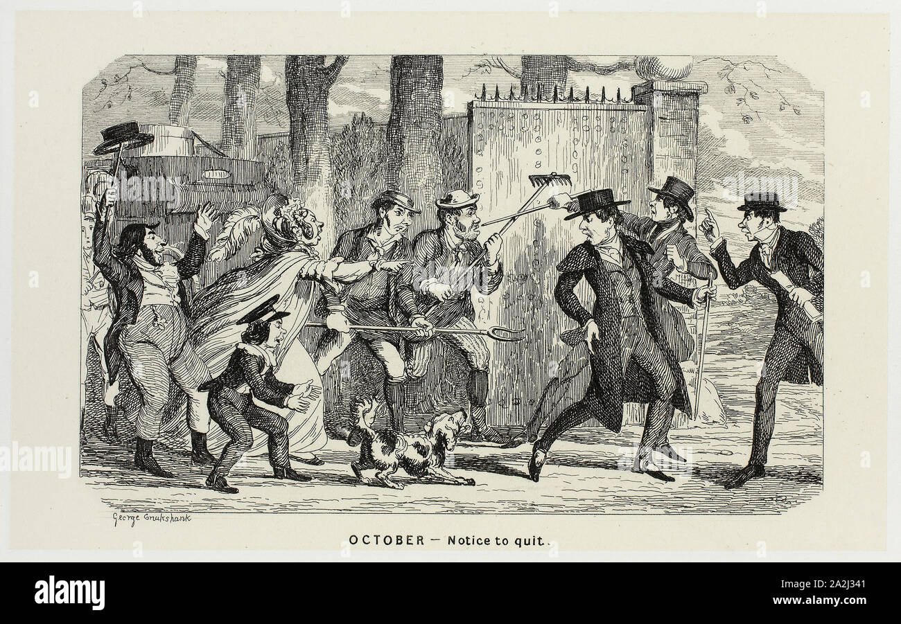 Oktober, Begriff zu Beenden von George Cruikshank Stahl Radierungen auf den Comic Almanacks: 1835-1853, 1840 gedruckt, C. 1880, George Cruikshank (Englisch, 1792-1878), Pickering & Chatto (Englisch, 19. Jahrhundert), England, Stahl ätzen in Schwarz auf Creme Indien Papier veröffentlicht, die auf off-white Card (chine collé), 94 × 153 mm (Primary Support), 222 × 286 mm (sekundäre Unterstützung Stockfoto