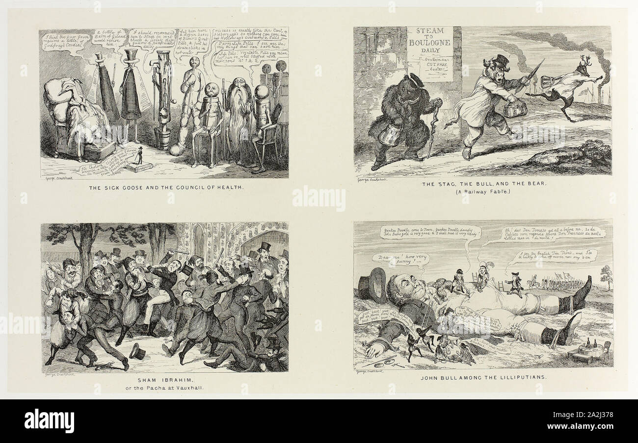 Die Kranken Gans und der Rat der Gesundheit von George Cruikshank Stahl Radierungen auf den Comic Almanacks: 1835-1853 (oben links), 1847, C. 1880, George Cruikshank (Englisch, 1792-1878), Pickering & Chatto (Englisch, 19. Jahrhundert), England, vier Stahl Radierungen in Schwarz auf Creme Indien Papier veröffentlicht, die auf off-white Card (chine collé), 208 × 335 mm (Primary Support), 344 × 505 mm (sekundäre Unterstützung Stockfoto