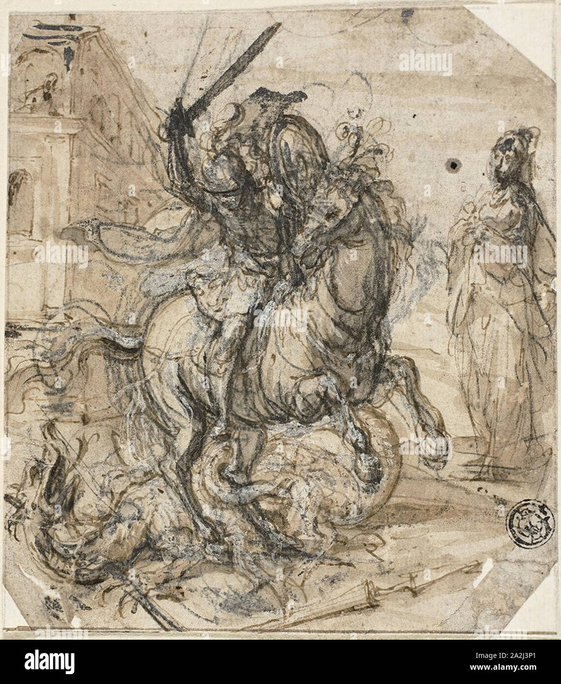 St. Georg und der Drache, n.d., Carlo Urbino zugeschrieben, Italienisch, aktive 1535-1585, Italien, Feder und Tinte, braun mit Pinsel und Braun waschen, mit Blei weiß (teilweise verfärbt), über Schwarze Kreide verstärkt, auf Elfenbein Bütten, unten auf Elfenbein festgelegten Papier, 132 x 116 mm Stockfoto