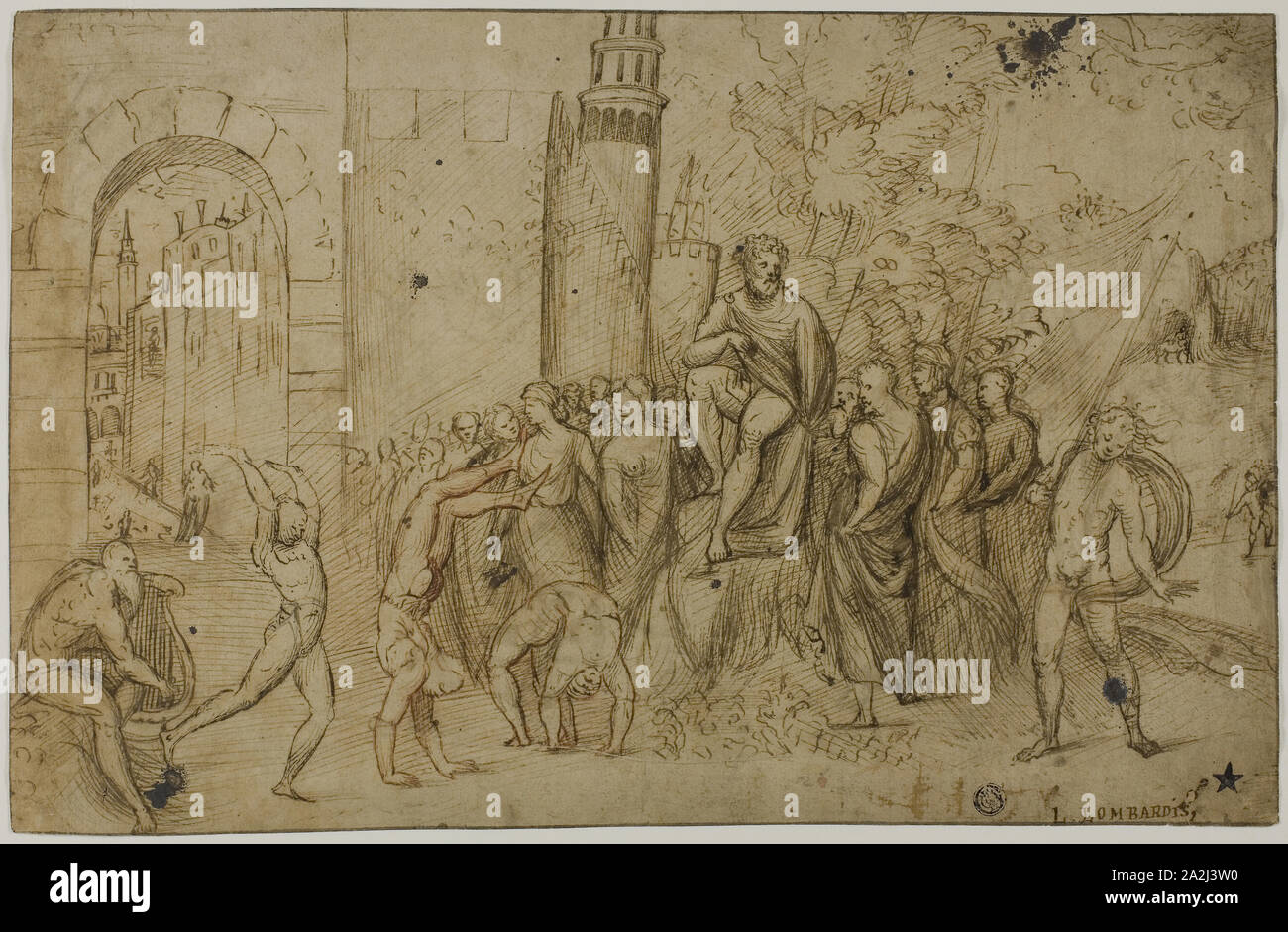 Akrobaten, bevor ein Lineal (recto), Outdoor Szene mit einer Gruppe von Figuren (verso), C. 1510, Giovanni Antonio de acchis, genannt Il Pordenone, Italienisch, c. Zugeschrieben 1483-1539, Italien, Feder und Tinte, braun mit roter Kreide (recto) und Stift und Bister (verso), auf tan-Bütten, 261 x 399 mm (max. Stockfoto