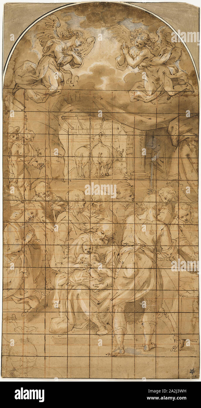 Die Anbetung des Christus Kind, 1580/1600, Filippo Bellini oder Kreis, Italienisch, C. 1550-1603, Italien, Pen und Braun mit Pinsel und Farbe braun Waschen, erhöhte mit Bleiweiß (teilweise oxidiert), über Spuren von Rötel, Lunette-förmige tan Bütten, Rote Kreide und Stift und Bister quadriert, auf Elfenbein verlegt Karte, 670 x 353 mm (max. Stockfoto