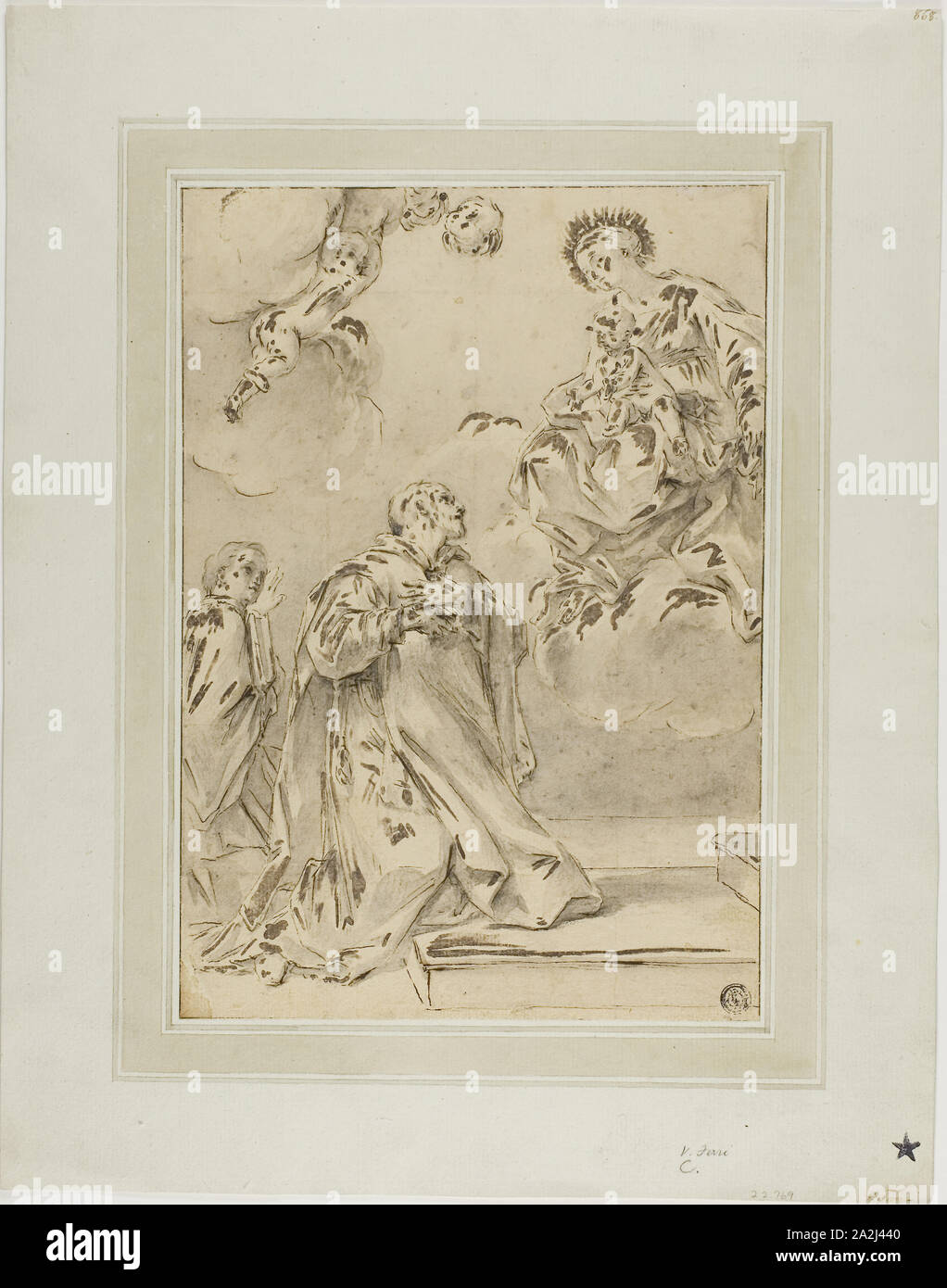 Madonna und Kind Erscheinen zu den männlichen Heiligen, n.d., evtl. nach Ciro Ferri (Italienisch, 1634-1689), den Stil von Carlo Maratti (Italienisch, 1625-1713), Italien, Feder und Tinte, braun mit Pinsel und Braun und Grau waschen, über Spuren der Schwarze Kreide, in schwarzer Kreide quadriert, auf tan-Bütten, unten auf Elfenbein webte Karte gelegt, 280 x 197 mm Stockfoto