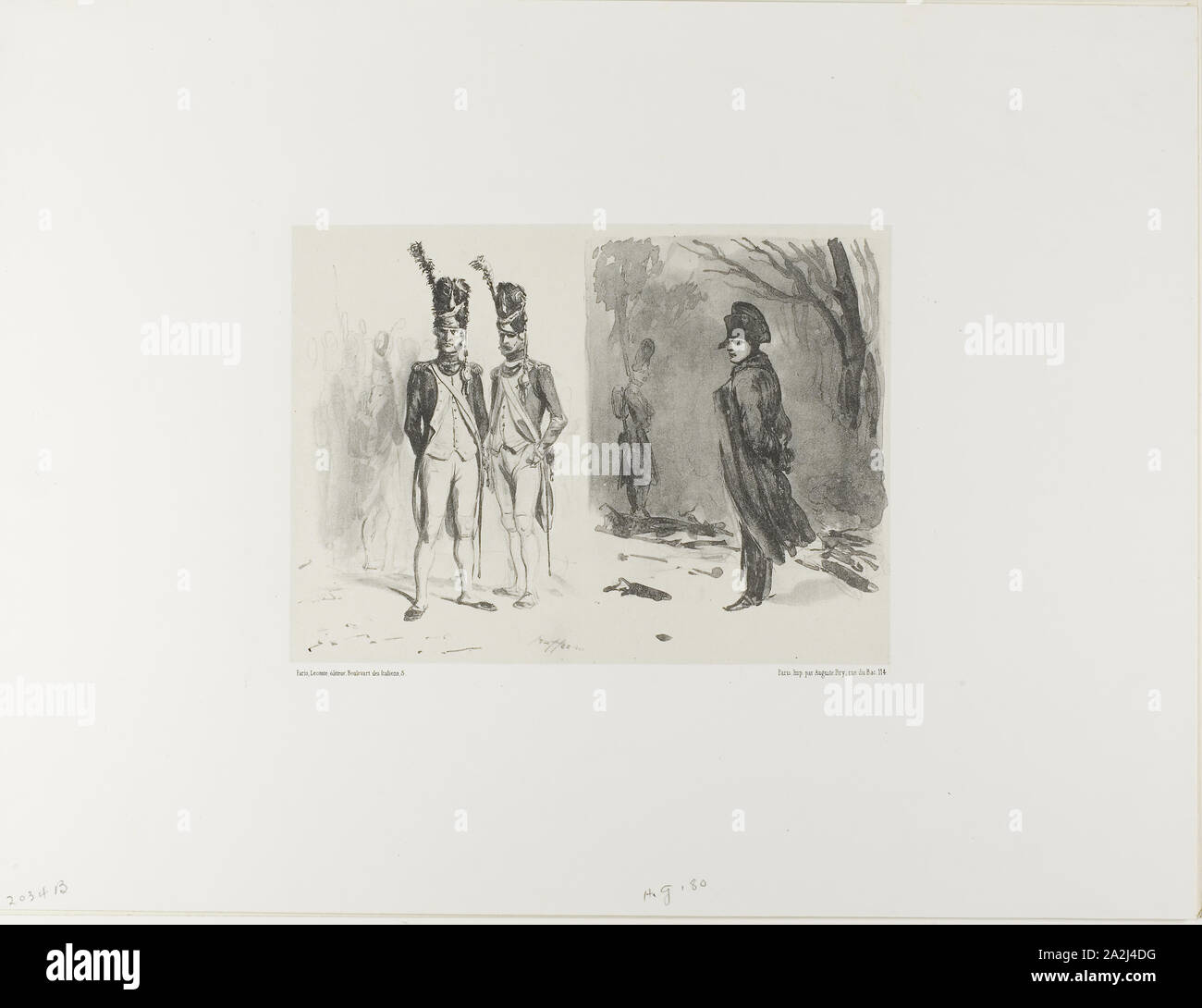 Blatt mit Skizze (Grenadier der Garde, Napoleon in einem Biwak), 1842, Denis Auguste Marie Raffet (Französisch, 1804-1860), gedruckt von Auguste Bry (Französisch, 19. Jahrhundert), durch Éditeurs Leconte (Französisch, 19. Jahrhundert), Frankreich, Lithographie veröffentlicht mit lithotint in Schwarz auf Grau webte Chine legte sich auf Off-white webte Papier, 155 × 222 mm (Bild), 165 × 225 mm (Primary Support), 344 × 453 mm (sekundäre Unterstützung Stockfoto