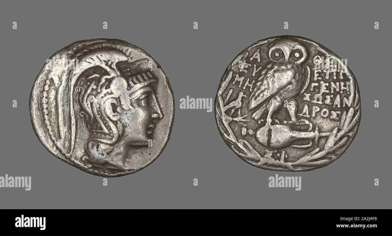 Tetradrachme (Münze), die die Göttin Athene, etwa 163 v. Chr., Griechischer, Athen, Silber, Durchm. 3 cm, 16,05 g Stockfoto