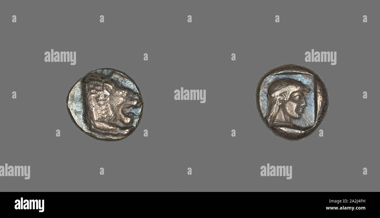 Drachm (Münze), Löwe, 500/480 v. Chr., Griechischer, Knidos, Silber, Durchm. 1,6 cm, 6.21g Stockfoto