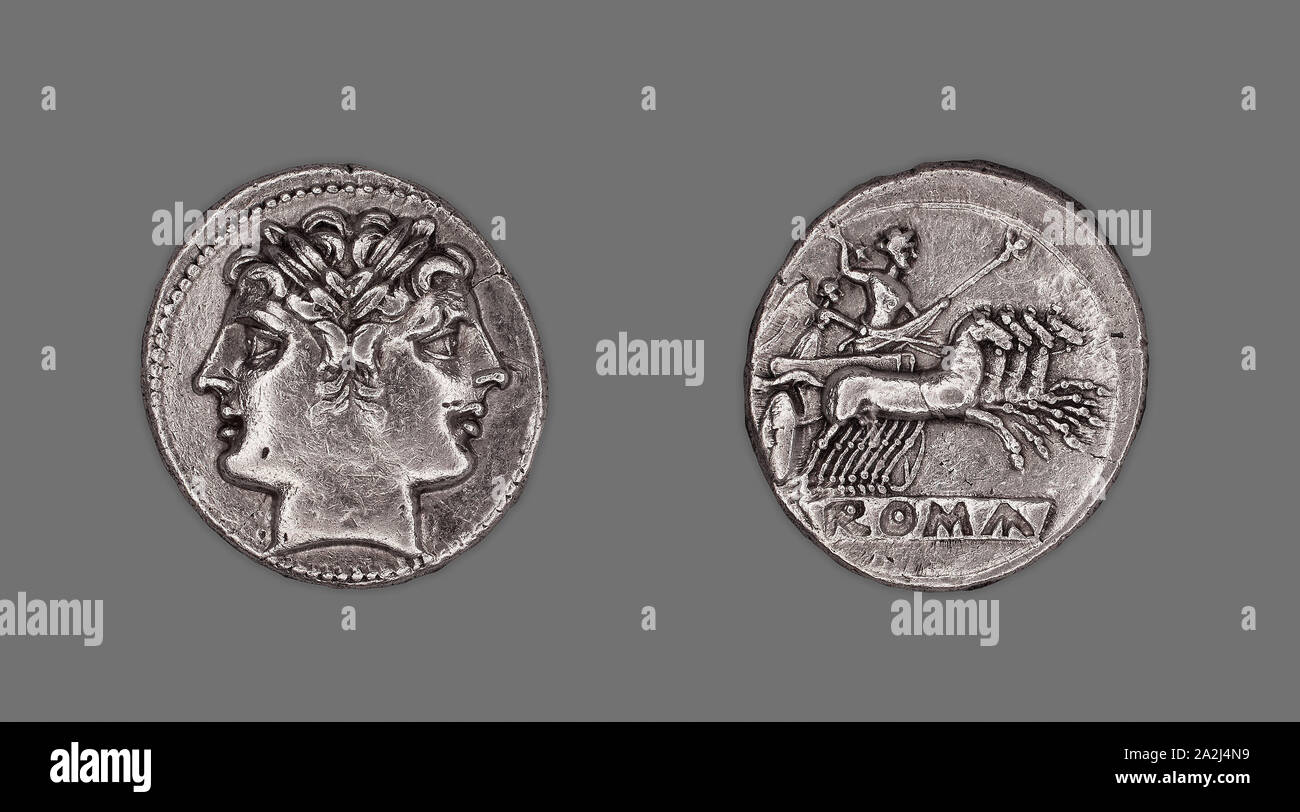 Didrachm (Münze), die die Dioskuren (Castor und Pollux), 225/214 v. Chr., durch die Römische Republik, Römische, in Rom (unsicher), Capua, Silber, Durchm geprägt. 2.3 cm, 6,62 g Stockfoto