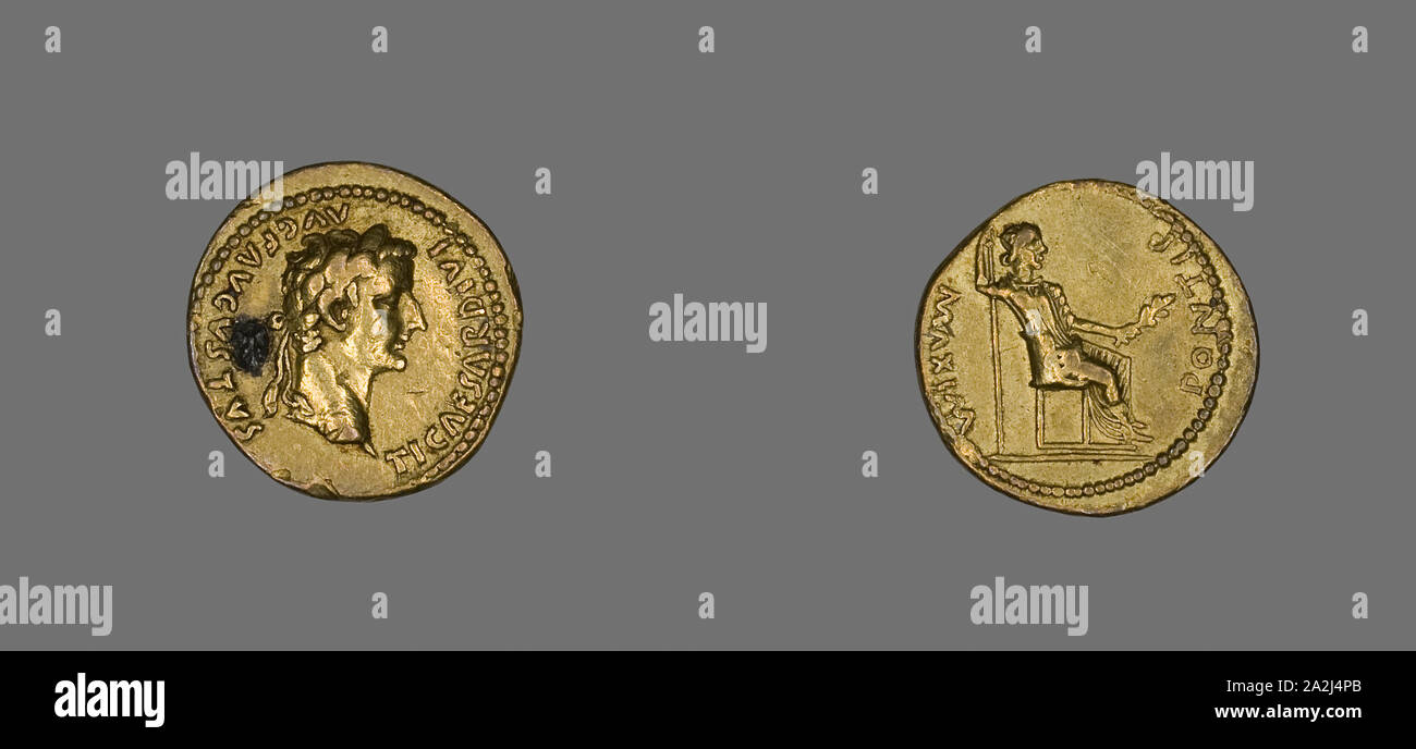 Aureus (Münze) Darstellung von Kaiser Tiberius, AD 14/37, Römische, Römisches Reich, Gold, Diam. 2 cm, 7,82 g Stockfoto