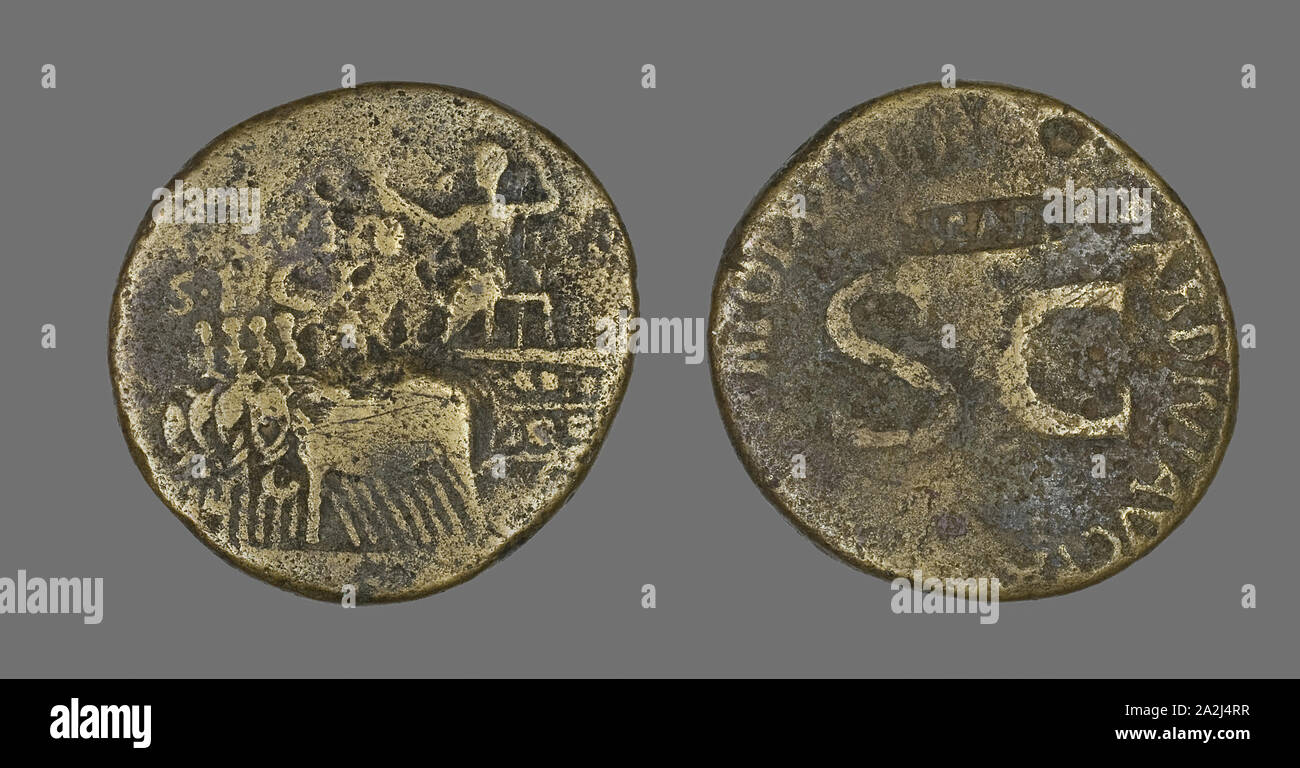 Sesterz (Münze), ein Elefant Quadriga, AD 34/35, Römische, in Rom, Rom, Bronze, Diam geprägt. 3,5 cm, 20,43 g Stockfoto