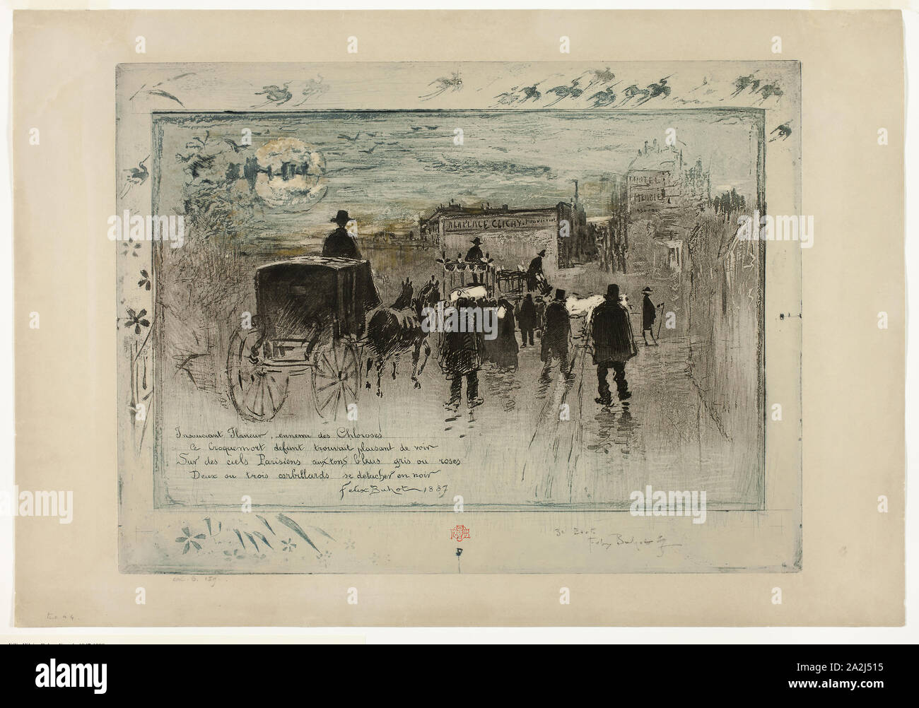 Trauerzug auf dem Boulevard Clichy, 1887, Félix Hilaire Buhot, Französisch, 1847-1898, Frankreich, weicher Boden Radierung und Aquatinta und Kaltnadel und Platte Ton, inked à la Poupée in Blau und Schwarz, mit Ergänzungen von Gold Metallic Lackierung, auf Tan webte Papier, 300 x 402 mm (Bild/Platte), 363 × 523 mm (Blatt Stockfoto