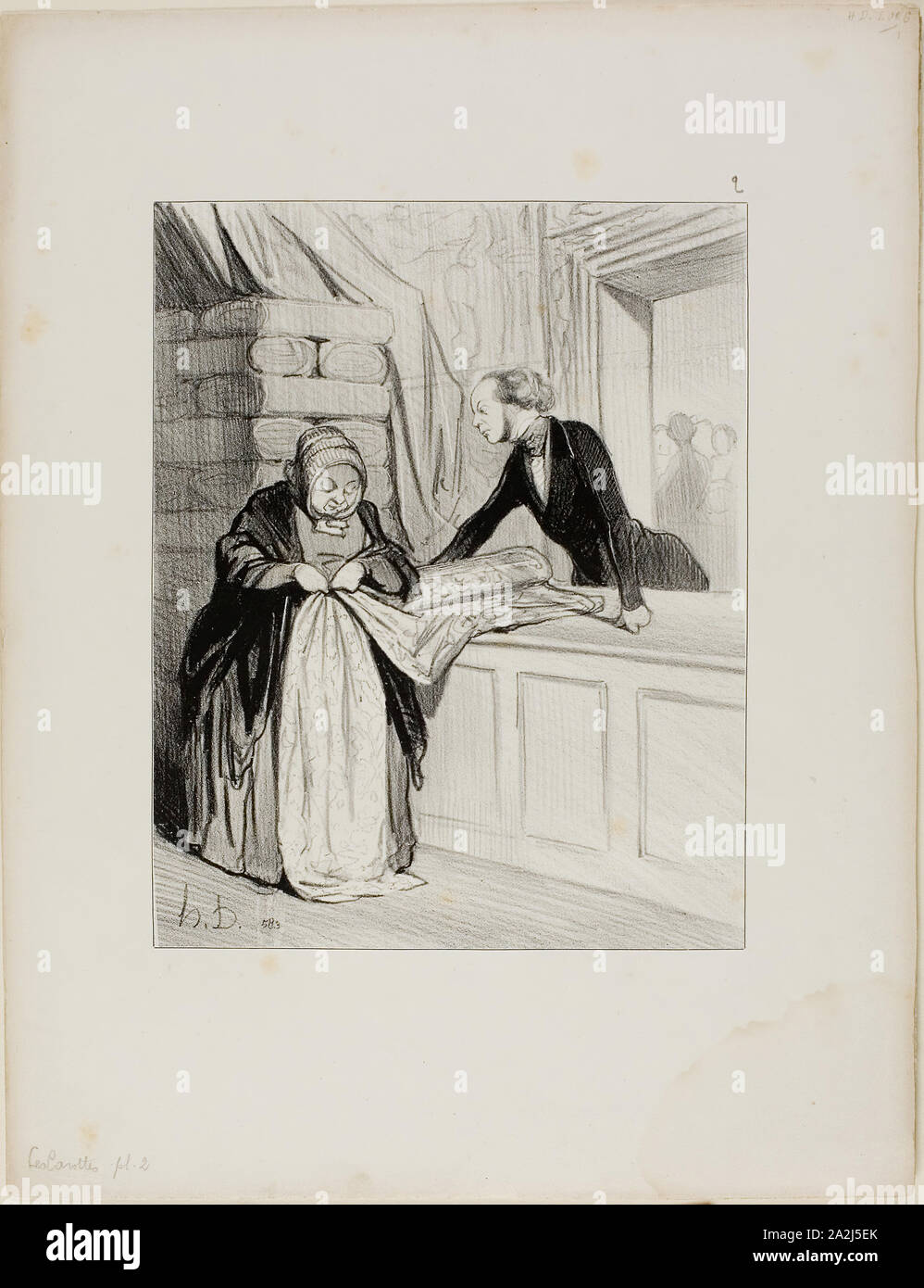 Der Verkäufer Hokuspokus. - Ein Design aus der Mode. Diese Art von Gewebe hat eine herrliche Schatten, Madame ist die erste, der ich gezeigt habe es…. Alle unsere jungen Frauen werden einander auseinander zu reißen. Was für ein charmantes Design…. es wäre wunderbar Blick auf solch eine elegante Form…. Sie brauchen dies, Madame, Platte 2 von Les Carottes 1844 Honoré Victorin Daumier (Französisch, 1808-1879), gedruckt von Aubert & Cie (Französisch, Aktive aus dem 19. Jahrhundert), später in Le Charivari (Französisch, 1832-1915), Text von Ernest Jaime (Französisch, 1802-1884), Frankreich, Lithographie in Schwarz auf Weiß webte Papier, 224 × 178 veröffentlicht. Stockfoto