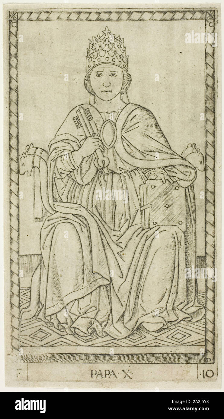 Der Papst, Platte zehn aus den Reihen der Männer, C. 1465, Meister der E-Serie - Tarocchi, Italienisch, Aktive c. 1465, Italien, Gravur auf Papier, 178 x 100 mm (Platte), 184 x 103 mm (Blatt Stockfoto