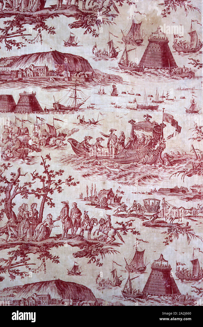 Die Einweihung der Hafen von Cherbourg von Louis XVI (Dekorationsstoff), C. 1787, entworfen von Jean Baptiste Huet (Französisch, 1745-1811) nach Karikatur von Pierre Ozanne (Französisch, 1737-1815), hergestellt von Petitpierre et Cie (Französisch, 1760/70-1791), Frankreich, Nantes, Nantes, Baumwolle, in Leinwandbindung, Kupferstich gedruckt, 201,6 x 93,4 cm (79 3/8 x 36 3/4 in Stockfoto