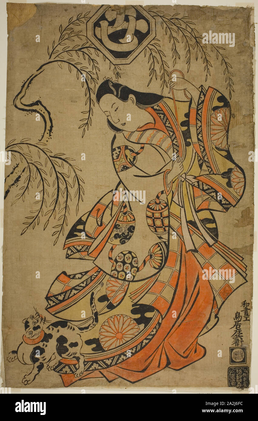 Der Schauspieler Uemura Kichisaburo als Dritte Prinzessin im Spielen Wakoku Gosuiden, Morita Theater im dritten Monat, 1700 durchgeführt, Torii Kiyonobu I, Japanisch, 1664-1729, Japan, Handkolorierter Holzschnitt, tan-e, o-Oban, 48,8 x 31,5 cm Stockfoto