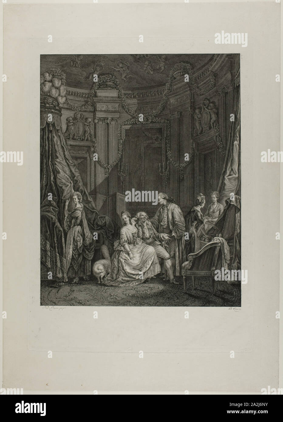 Le Hebel de la Mariée, 1781, Philippe Trière (Französisch, 1756 - C. 1815), nach Jean Démosthène Dugourc (Französisch, 1749-1825), Frankreich, Ätzen und Gravieren in Schwarz auf Elfenbein webte Papier, 475 x 340 mm Stockfoto