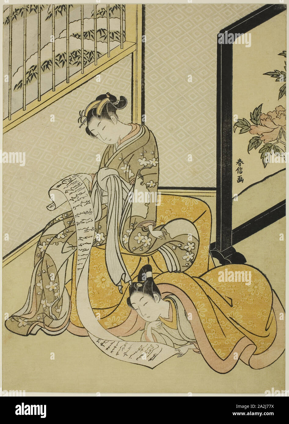 Paar lesen einen Brief, C. 1770, Suzuki Harunobu 鈴木 春信, Japanisch, 1725 (?) -1770, Japan, Farbe holzschnitt, chuban, 10 3/4 x 8 in Stockfoto
