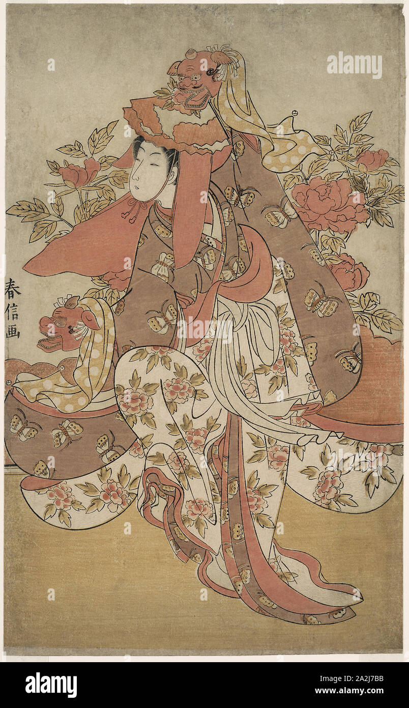 Der Löwentanz, C. 1769/70, Suzuki Harunobu 鈴木 春信, Japanisch, 1725 (?) -1770, Japan, Farbe holzschnitt, Oban, 36,6 x 22,4 cm (4 3/8 x 8 3/4 in Stockfoto