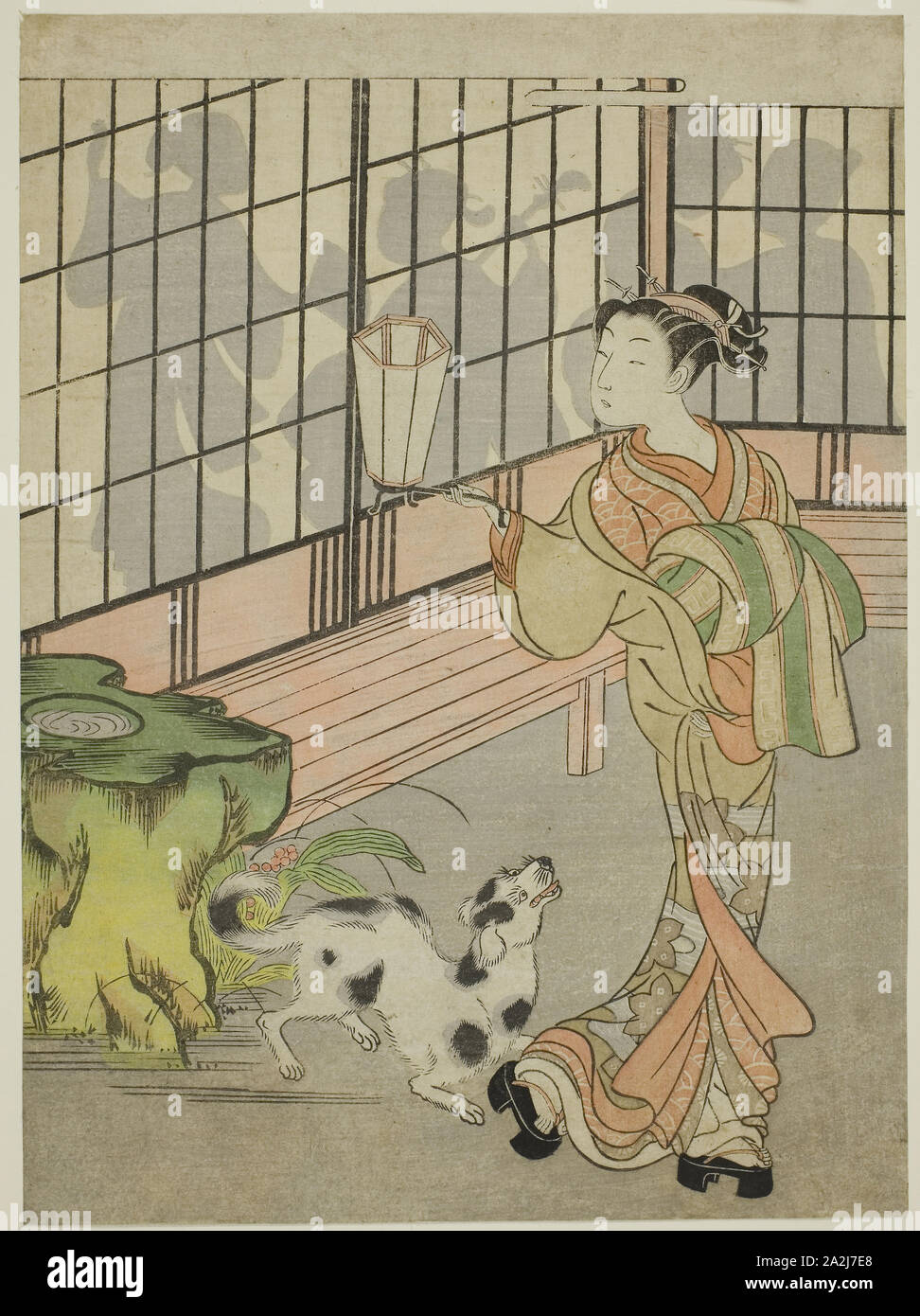 Kurtisane Zurück im Schatten auf der Suche nach Shoji, C. 1770, Isoda Koryusai zugeschrieben, Japanisch, 1735-1790, Japan, Farbe holzschnitt, chuban, 10 1/8 x 7 3/8 Zoll Stockfoto