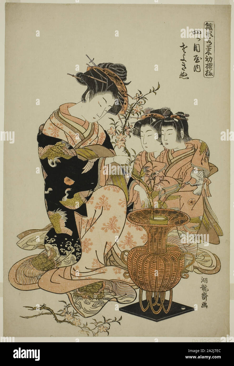 Der sayoginu Yotsumeya, aus der Serie Modelle für Fashion: Neue Designs so frisch wie junge Blätter (Hinagata wakana Hatsu moyo), C. 1777, Isoda Koryusai, Japanisch, 1735-1790, Japan, Farbe holzschnitt, Oban, 15 x 10 in Stockfoto