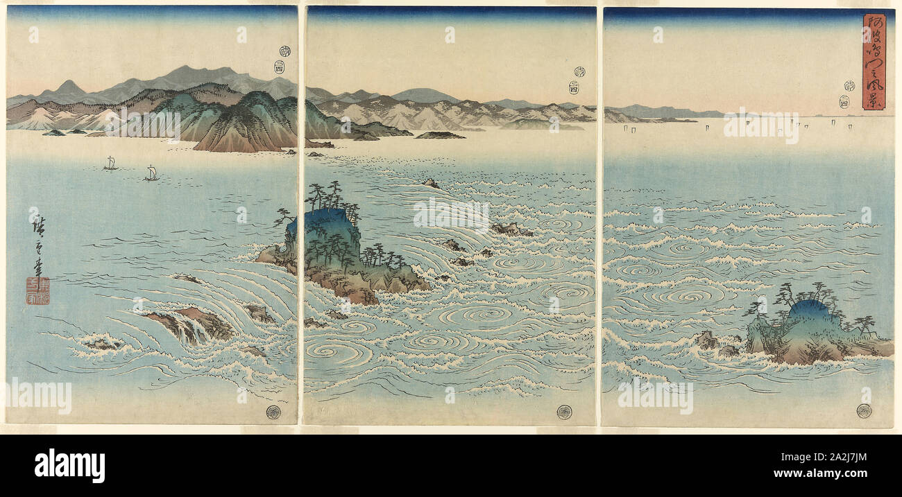 Die Whirlpools in Naruto Strait, Awa Provinz (Awa Naruto kein fukei), 1857, Utagawa Hiroshige 歌川 広重, Japanisch, 1797 - 1858, Japan, Farbe farbholzschnitte, oban Triptychon, jedes Blatt: 36,1 x 25,1 cm (14 1/4 x 9 7/8 in Stockfoto