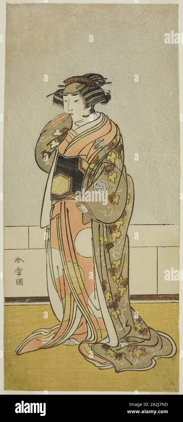 Der Schauspieler Yamashita Kinsaku II. als Dame Kikusui (Kikusui Gozen) (?) im Spiel Kaeribana Eiyu Taiheiki (?), die sich an den Nakamura Theater (?) im elften Monat, 1779 ausgeführt (?), C. 1779, Shunsho Katsukawa 勝川 春章, Japanisch, 1726-1792, Japan, Farbe holzschnitt, hosoban, aus einem mit mehreren Blättern Zusammensetzung, 32,7 x 14,6 cm (12 7/8 x 5 / 4 Stockfoto